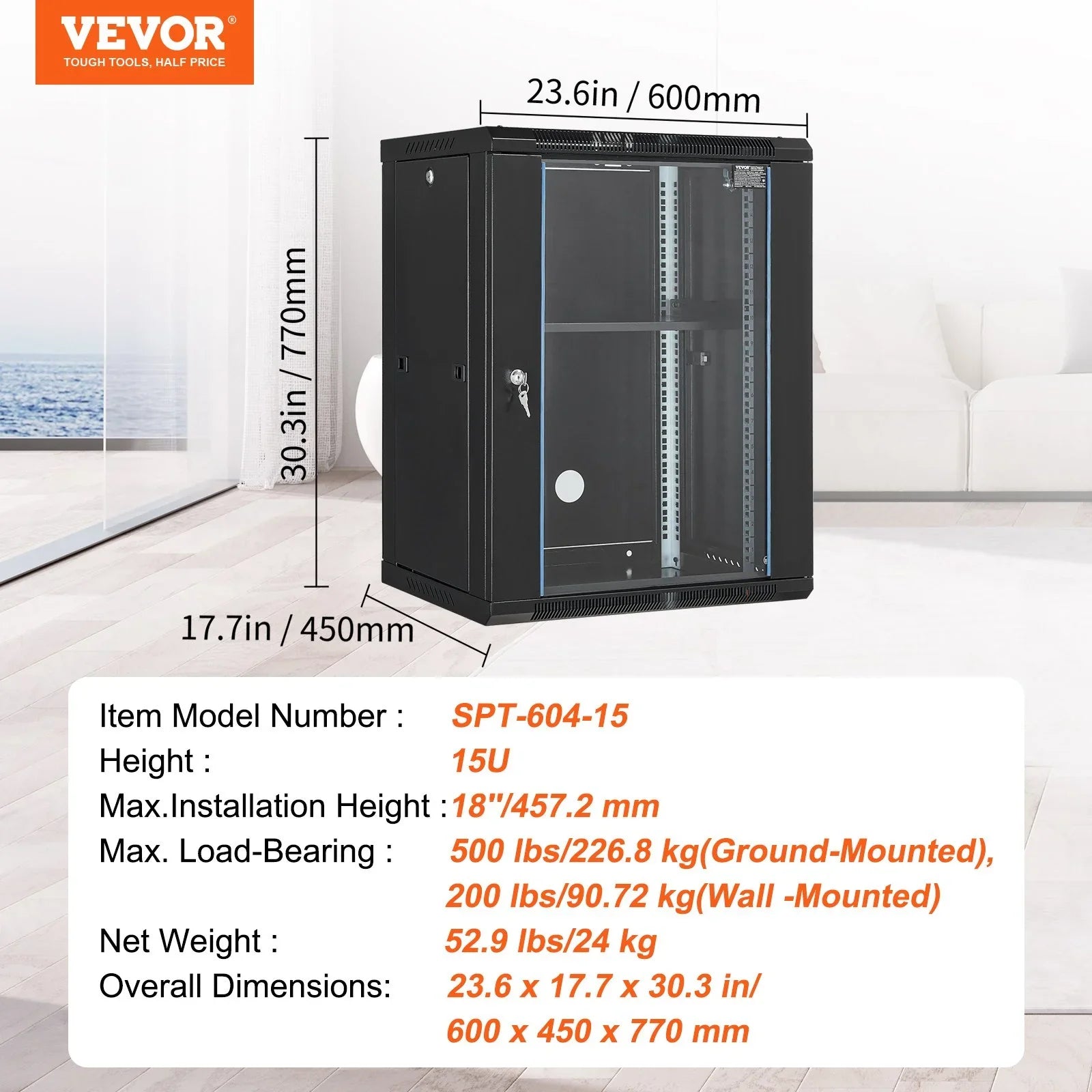 15U Wall Mount Network Cabinet, 226.8 kg Max. Ground Load Capacity, Server Rack Cabinet Enclosure with Locking Tempered Glass Door, Side Panels, Q235 Carbon Steel, for IT Equipment, A/V Devices