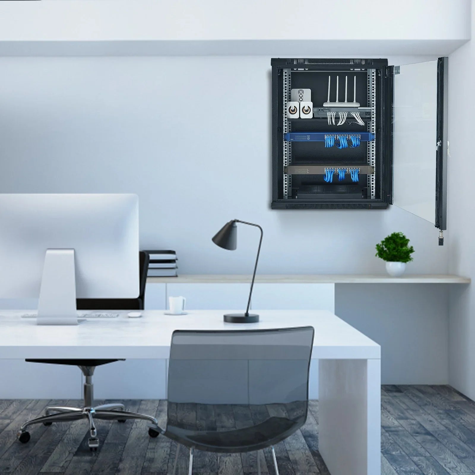 15U Wall Mount Network Cabinet, 226.8 kg Max. Ground Load Capacity, Server Rack Cabinet Enclosure with Locking Tempered Glass Door, Side Panels, Q235 Carbon Steel, for IT Equipment, A/V Devices