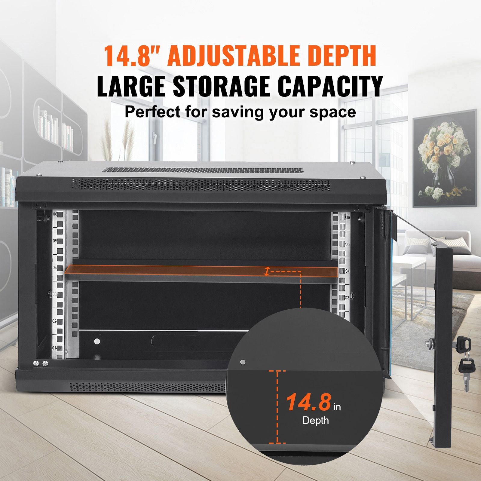 6U Wall Mount Network Server Cabinet, 15.5'' Deep, Server Rack Cabinet Enclosure, 200 lbs Max. Ground-mounted Load Capacity, with Locking Glass Door Side Panels, for IT Equipment, A/V Devices