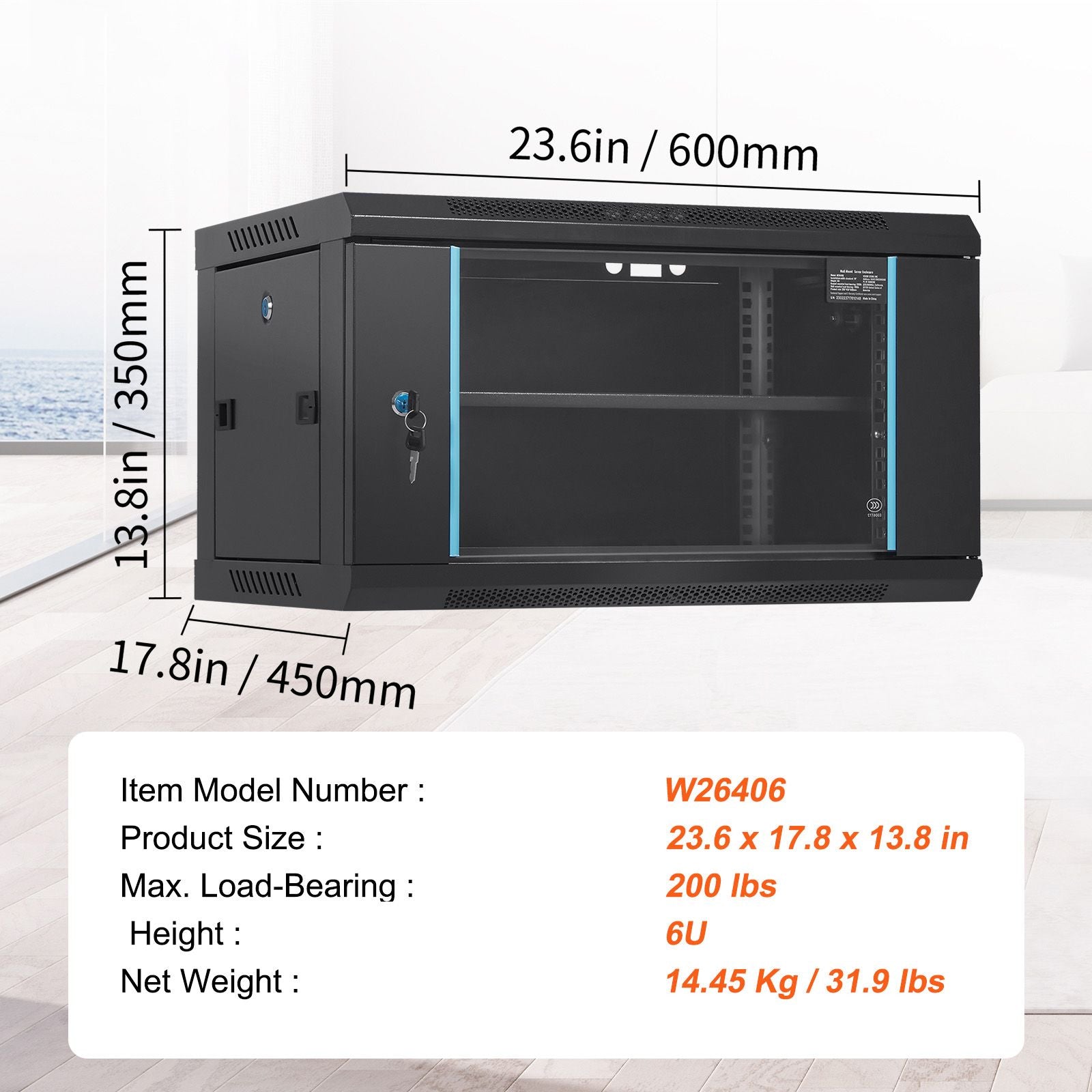 6U Wall Mount Network Server Cabinet, 15.5'' Deep, Server Rack Cabinet Enclosure, 200 lbs Max. Ground-mounted Load Capacity, with Locking Glass Door Side Panels, for IT Equipment, A/V Devices