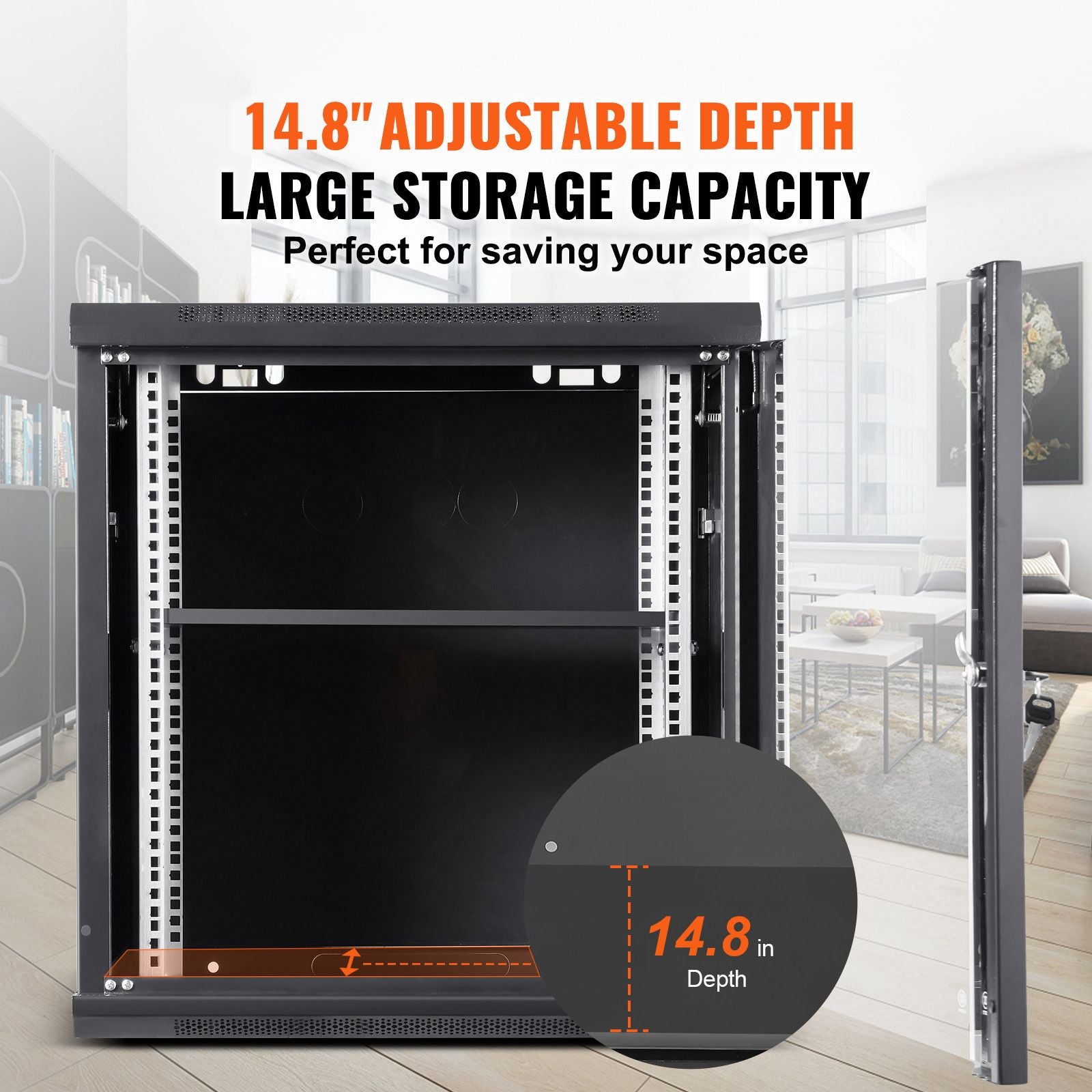 9U Wall Mount Network Server Cabinet, 39.37 cm Deep, Server Rack Cabinet Enclosure, 90.7 kg Max. Ground-mounted Load Capacity, with Locking Glass Door Side Panels, for IT Equipment, A/V Devices