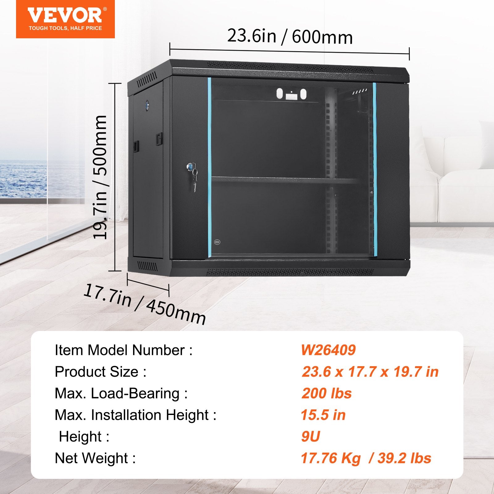 9U Wall Mount Network Server Cabinet, 39.37 cm Deep, Server Rack Cabinet Enclosure, 90.7 kg Max. Ground-mounted Load Capacity, with Locking Glass Door Side Panels, for IT Equipment, A/V Devices