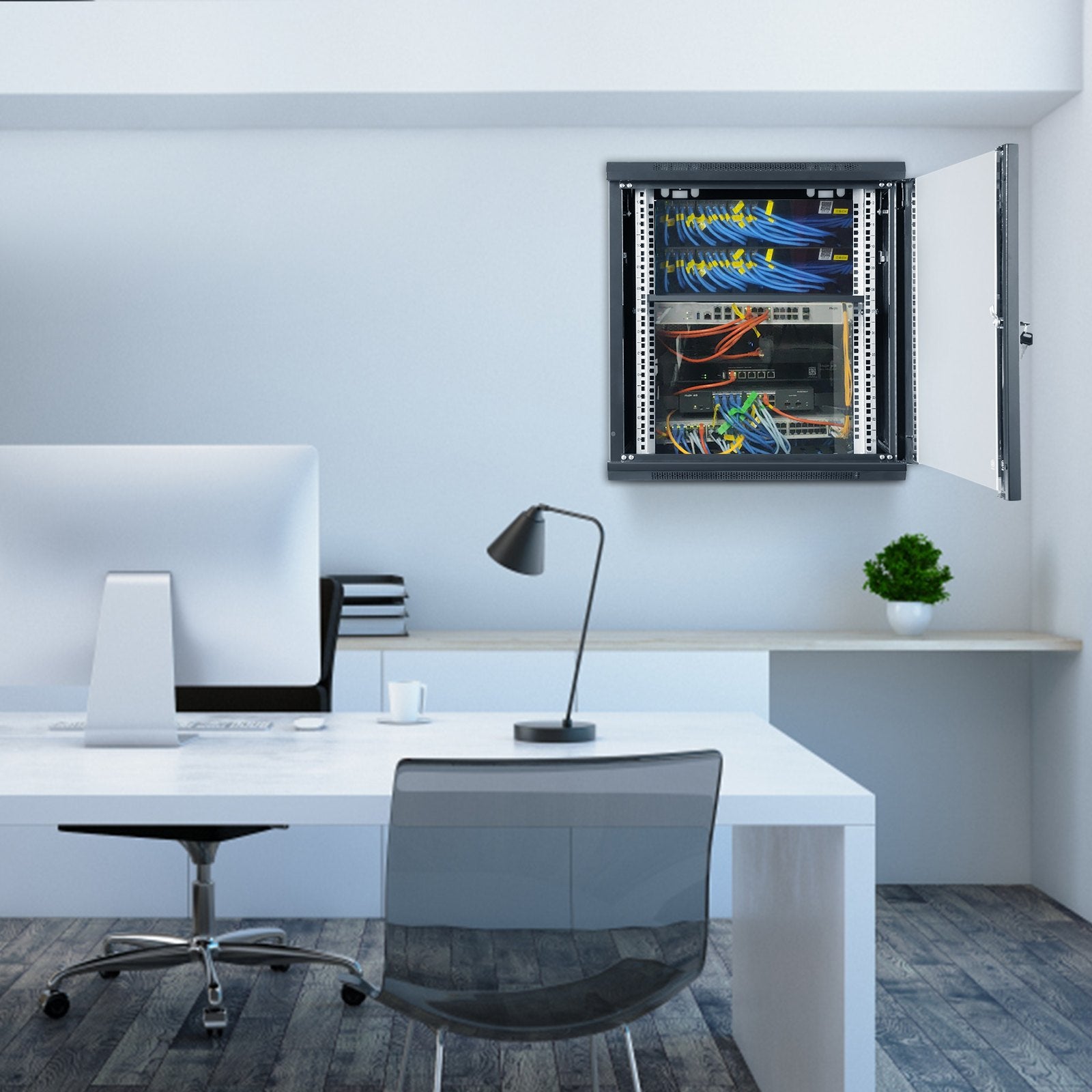9U Wall Mount Network Server Cabinet, 39.37 cm Deep, Server Rack Cabinet Enclosure, 90.7 kg Max. Ground-mounted Load Capacity, with Locking Glass Door Side Panels, for IT Equipment, A/V Devices
