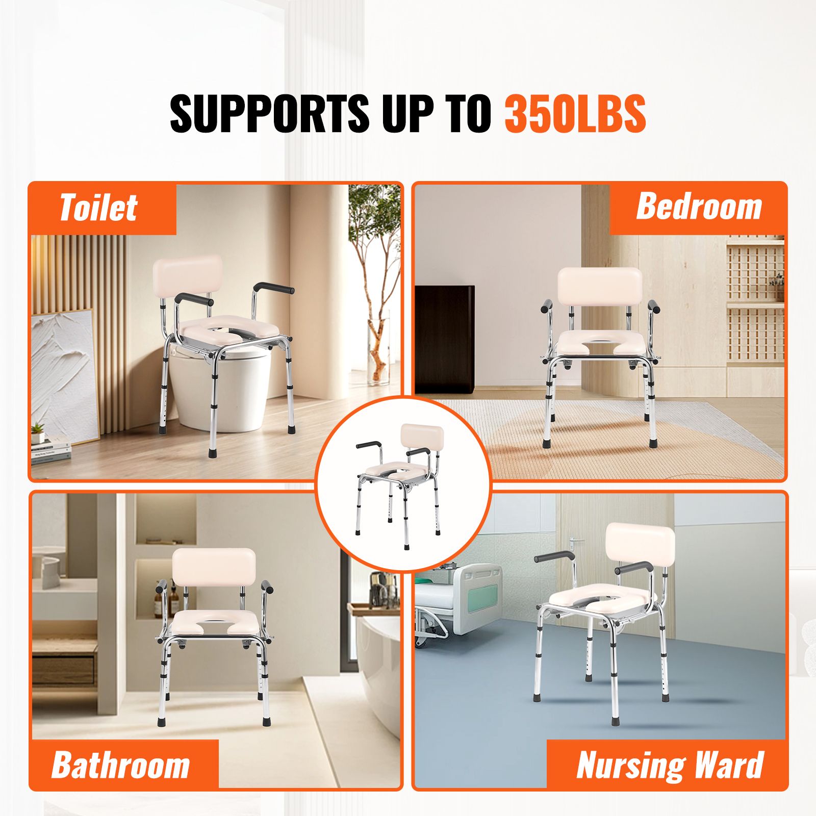 Commode Chair, Bedside Commode with Padded Seat, Drop-Down Arms, 7-Level Adjustable Height, 5.8L Removable Bucket, Easy to Assemble, 350LBS Capacity, Portable Toilet for Adults Seniors