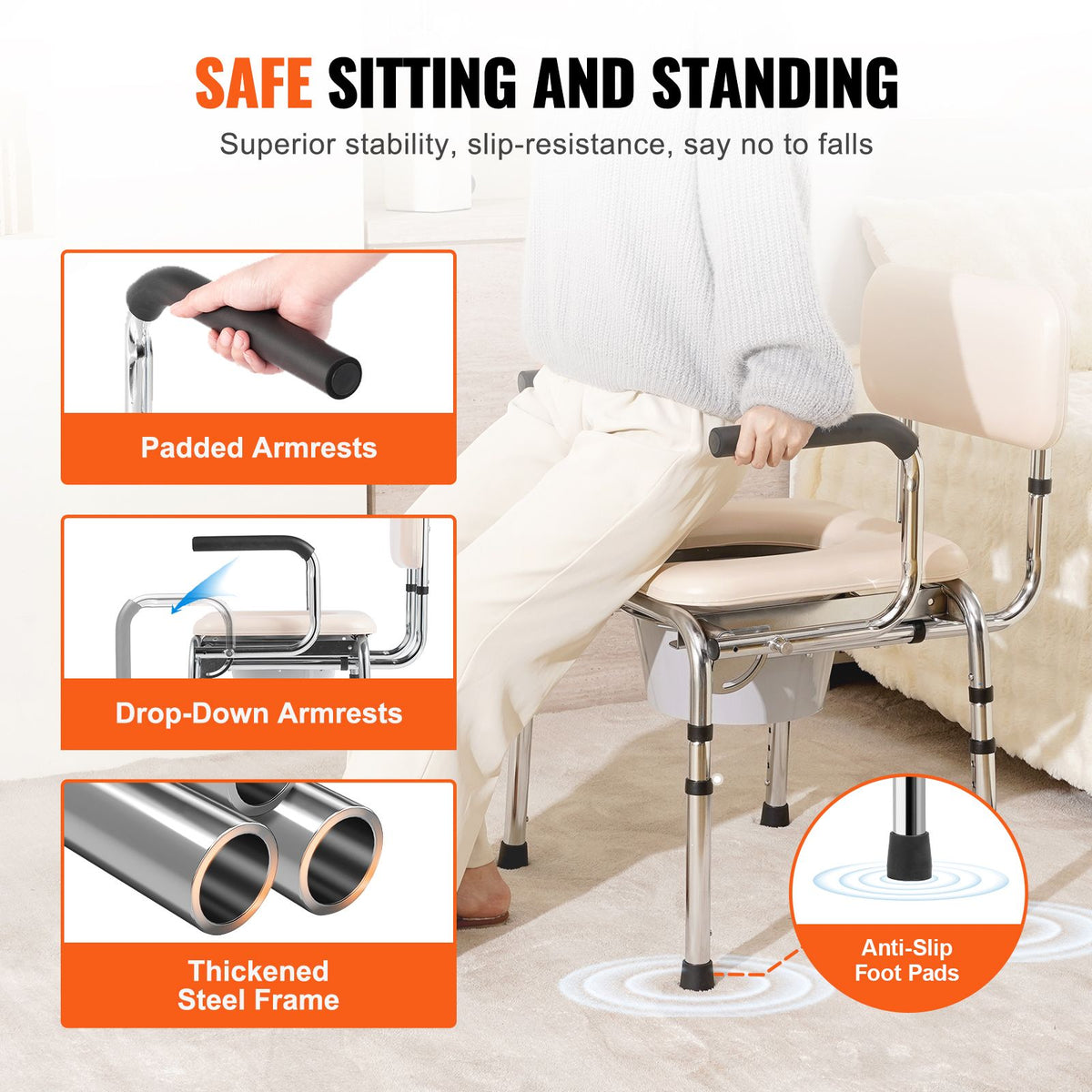 Bedside Commode Chair, Padded Seat, 7-Level Height Adjustable, 350 LBS Cap