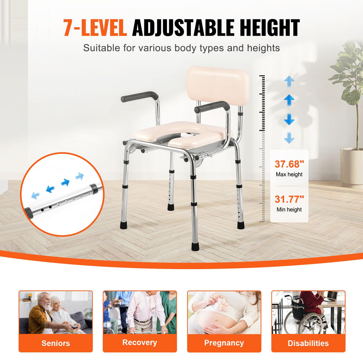 Bedside Commode Chair, Padded Seat, 7-Level Height Adjustable, 350 LBS Cap