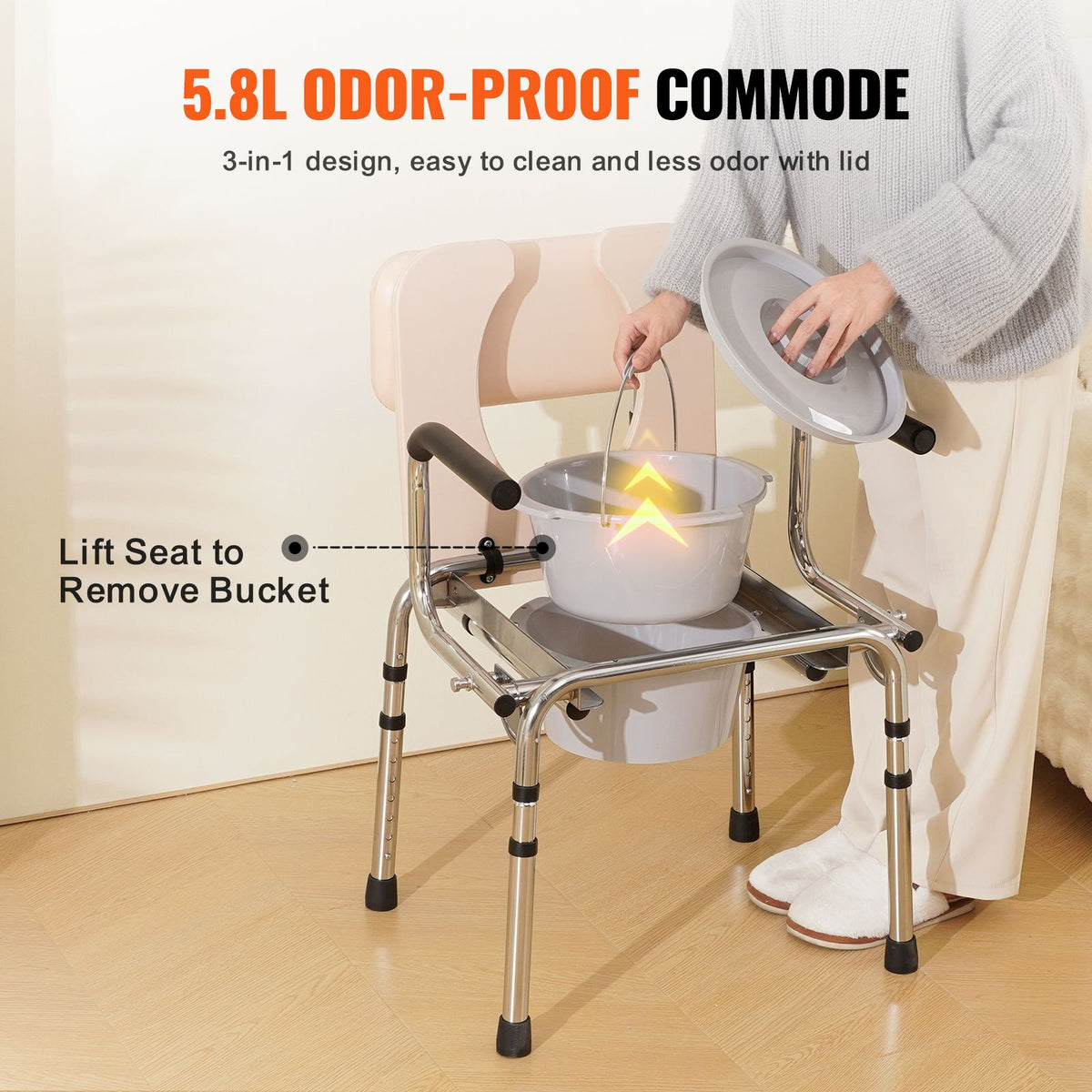 Bedside Commode Chair, Padded Seat, 7-Level Height Adjustable, 350 LBS Cap