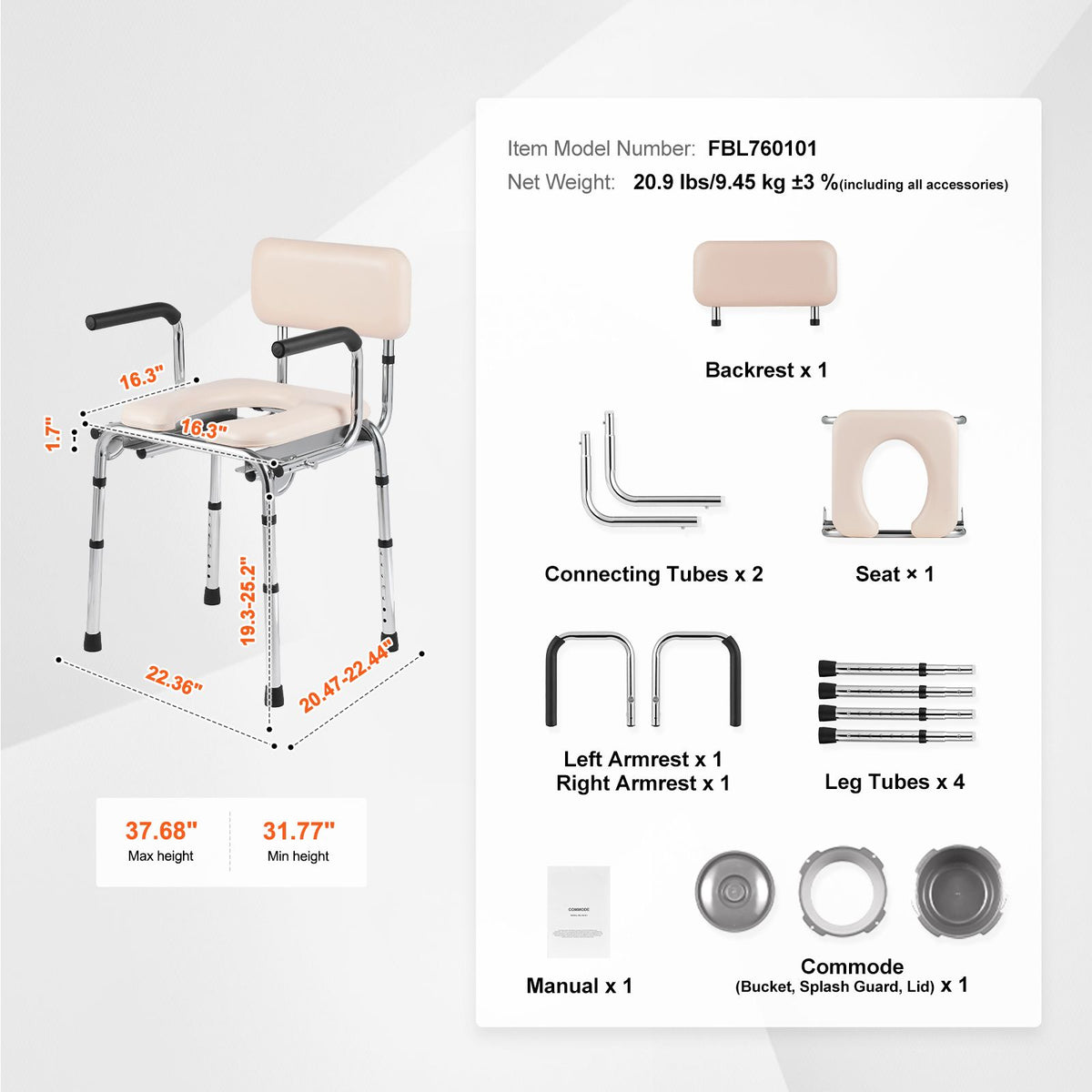 Bedside Commode Chair, Padded Seat, 7-Level Height Adjustable, 350 LBS Cap