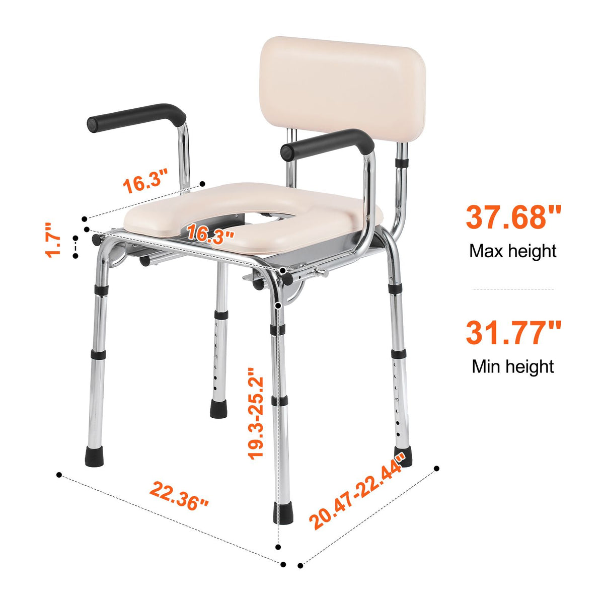 Bedside Commode Chair, Padded Seat, 7-Level Height Adjustable, 350 LBS Cap
