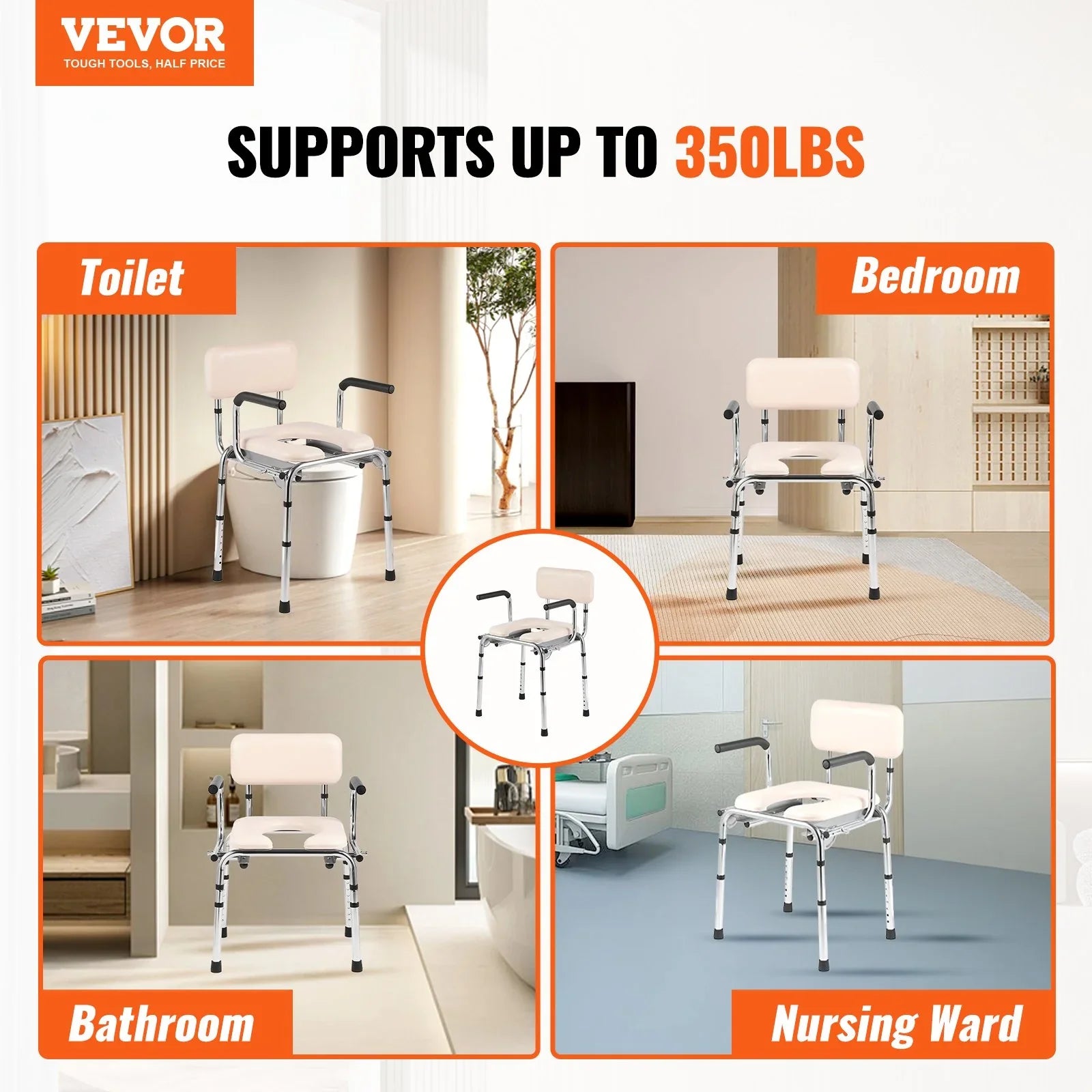 Commode Chair, Bedside Commode with Padded Seat, Drop-Down Arms, 7-Level Adjustable Height, 5.8L Removable Bucket, Easy to Assemble, 350LBS Capacity, Portable Toilet for Adults Seniors