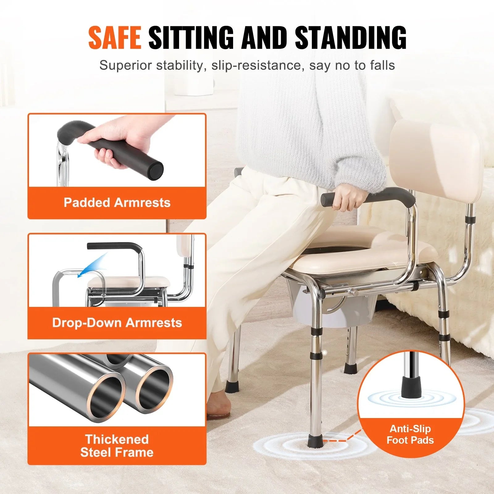 Commode Chair, Bedside Commode with Padded Seat, Drop-Down Arms, 7-Level Adjustable Height, 5.8L Removable Bucket, Easy to Assemble, 350LBS Capacity, Portable Toilet for Adults Seniors
