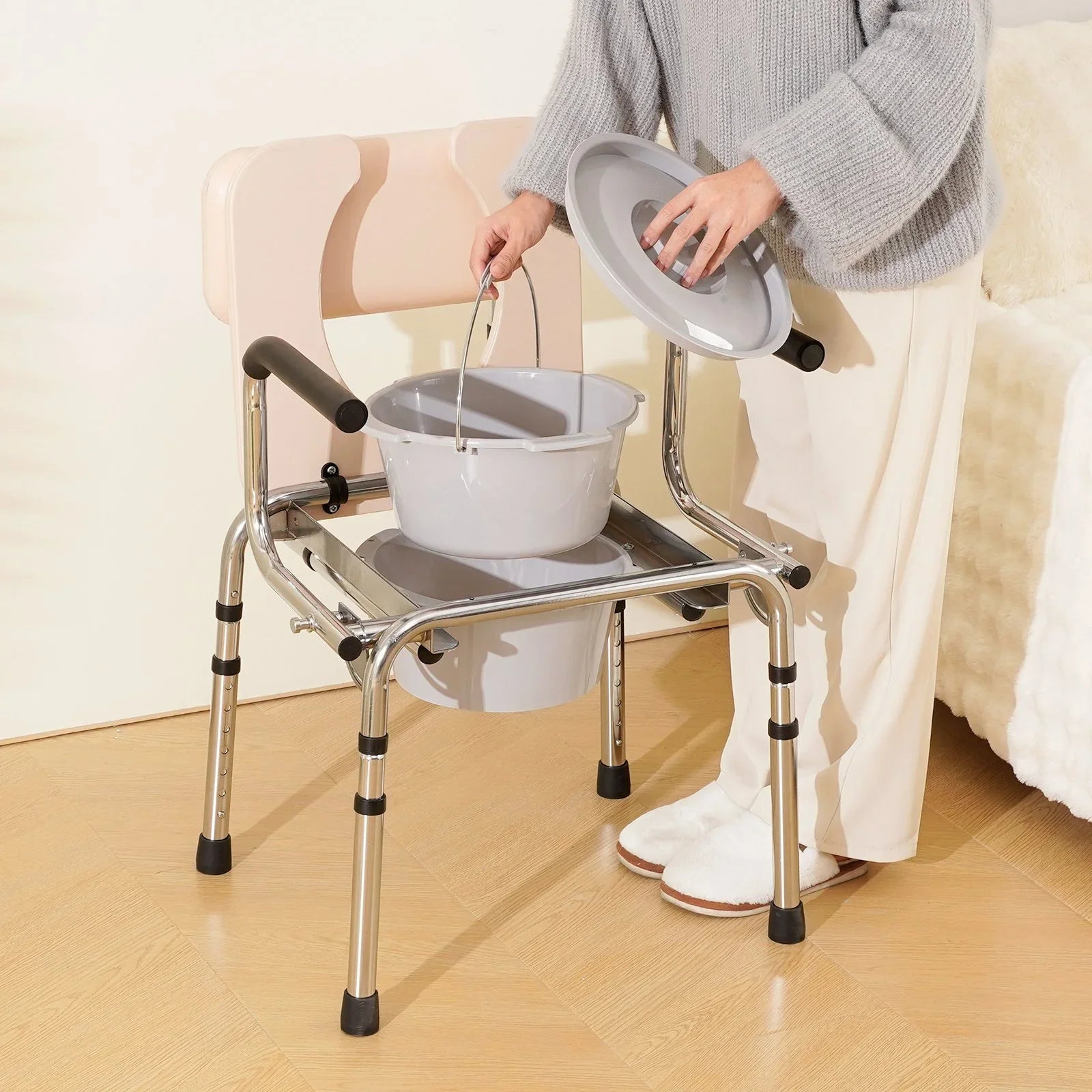 Commode Chair, Bedside Commode with Padded Seat, Drop-Down Arms, 7-Level Adjustable Height, 5.8L Removable Bucket, Easy to Assemble, 350LBS Capacity, Portable Toilet for Adults Seniors