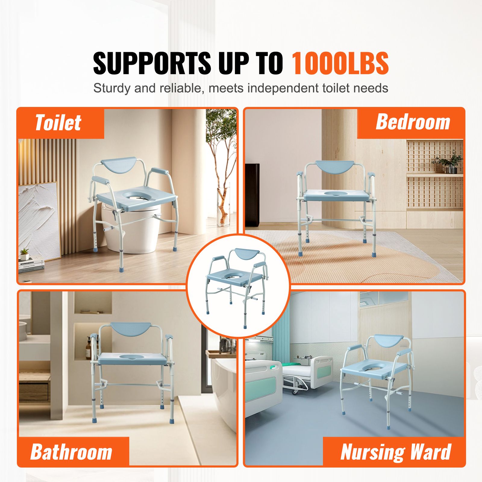 Heavy Duty Commode Chair 1000lbs Adjustable Height Bedside Toilet Seat