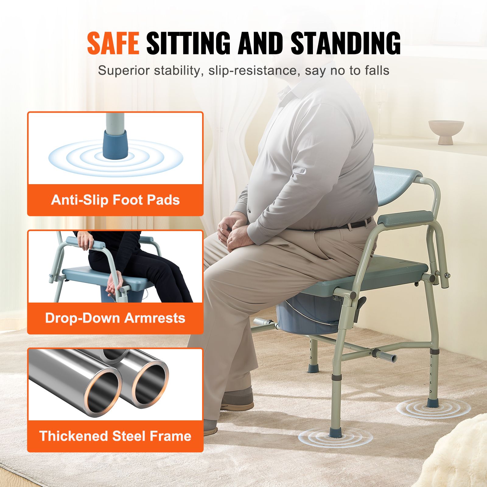 Heavy Duty Commode Chair 1000lbs Adjustable Height Bedside Toilet Seat