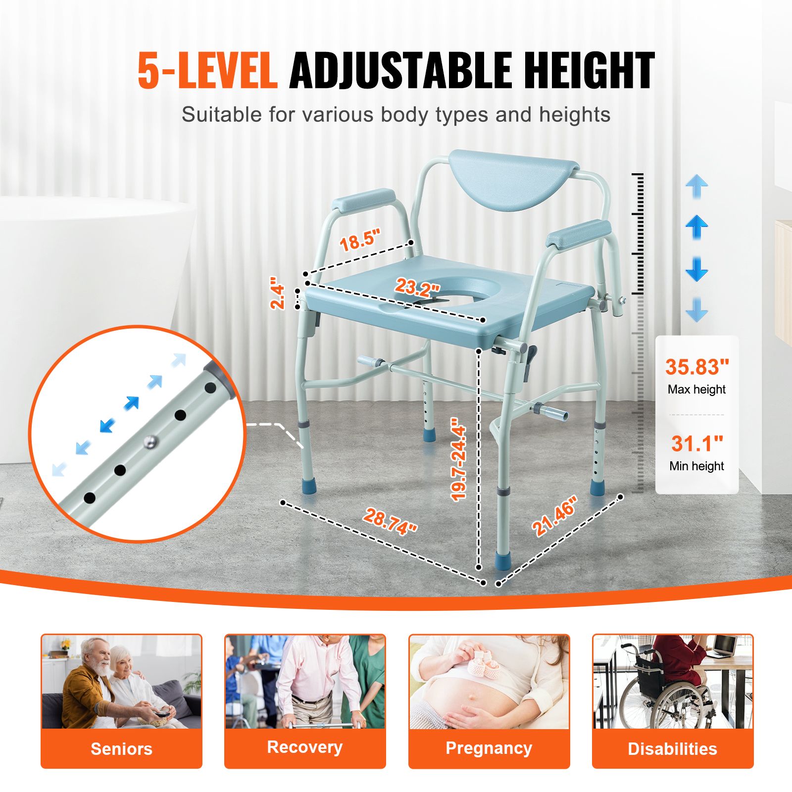 Heavy Duty Commode Chair 1000lbs Adjustable Height Bedside Toilet Seat