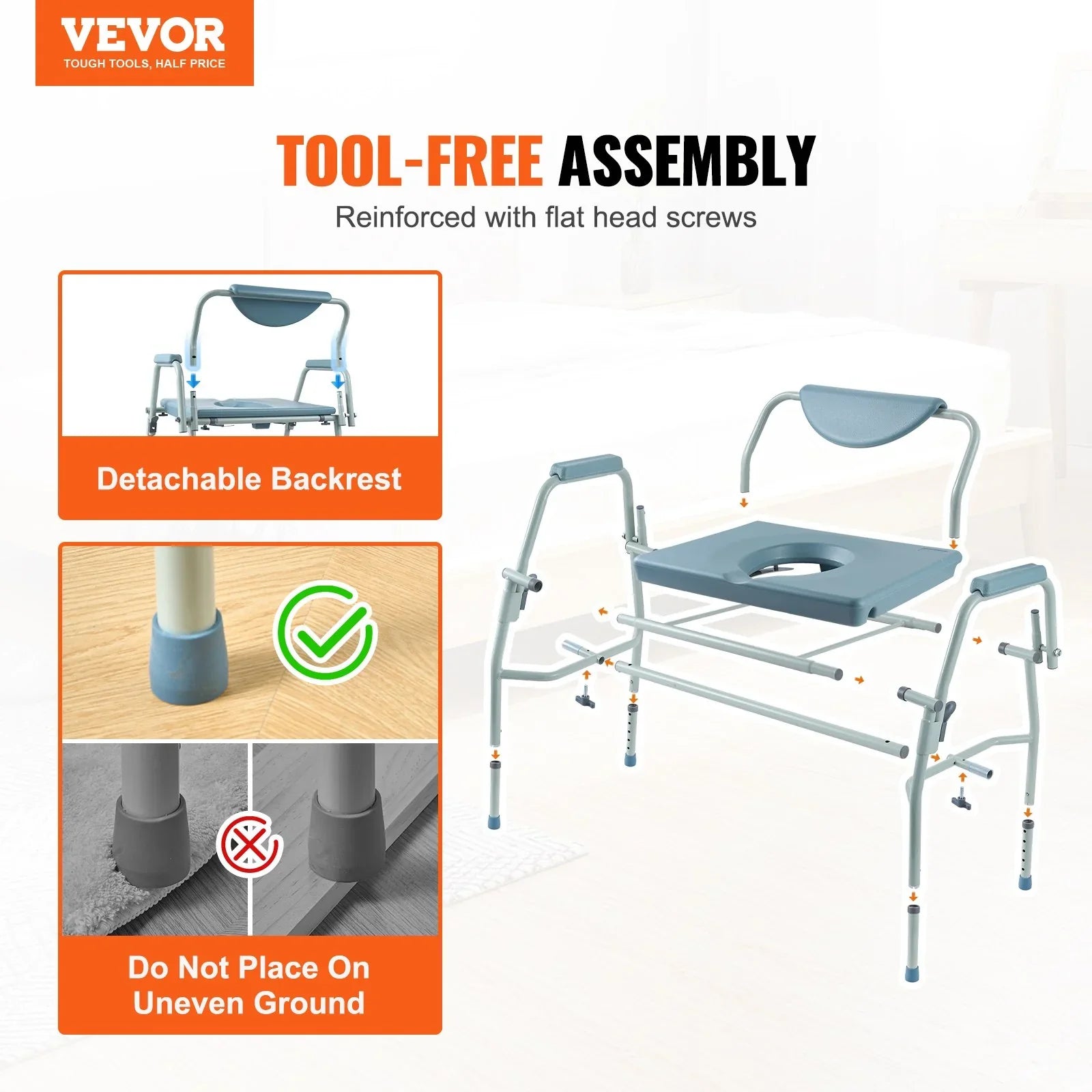 Commode Chair, Bedside Commode with Drop-Down Arms and Detachable Backrest, 5-Level Adjustable Height, 7L Removable Bucket, Easy to Assemble, 1000LBS Capacity, Portable Toilet for Adults Seniors