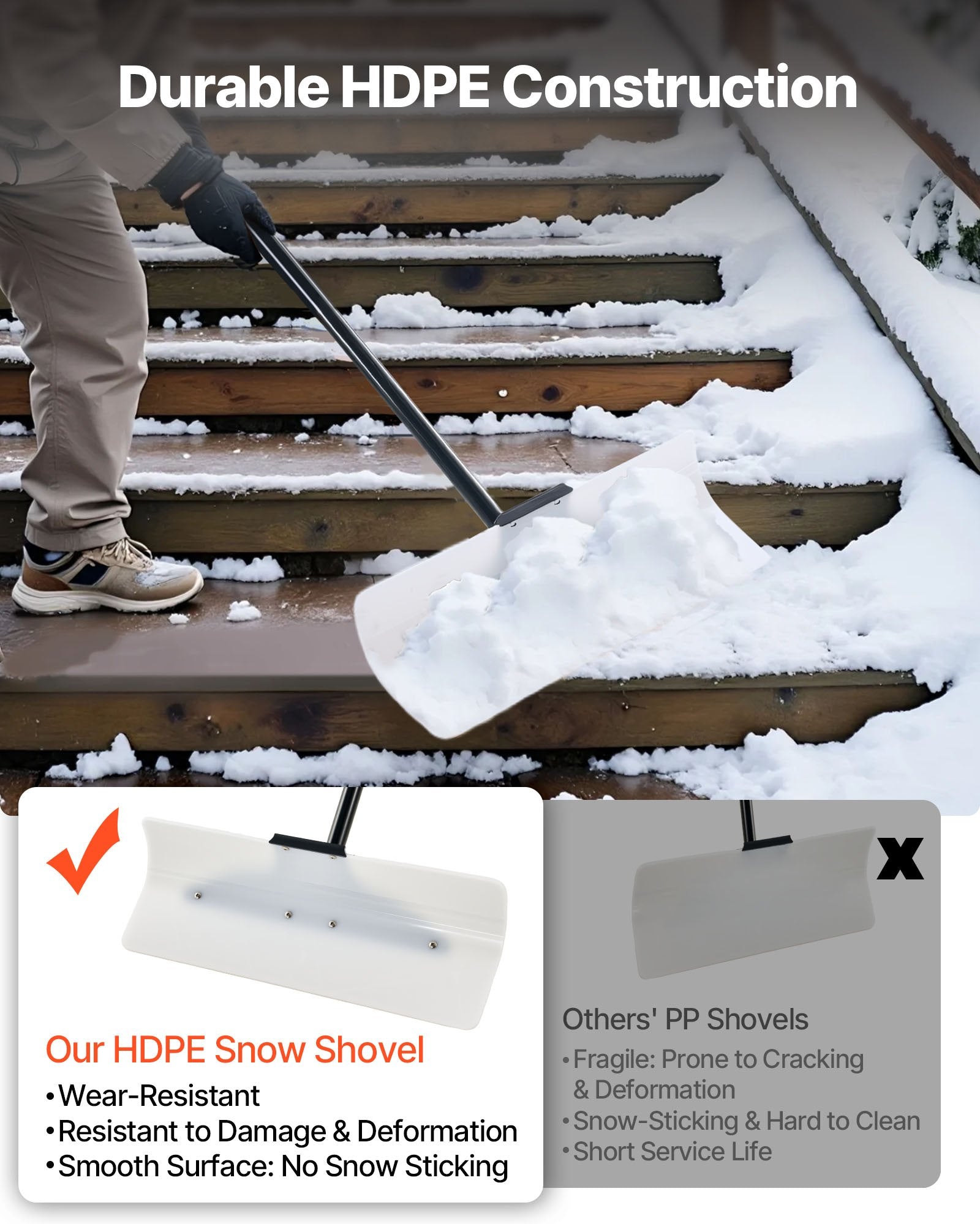 Snow Pusher Shovel, 61 cm Wide Outdoor Snowplow Shovel with Ergonomic Grip, HDPE Plastic Blade, Winter Shovels with Segmented Handle, Portable Snow Removal Tool for Driveway Garden Camping