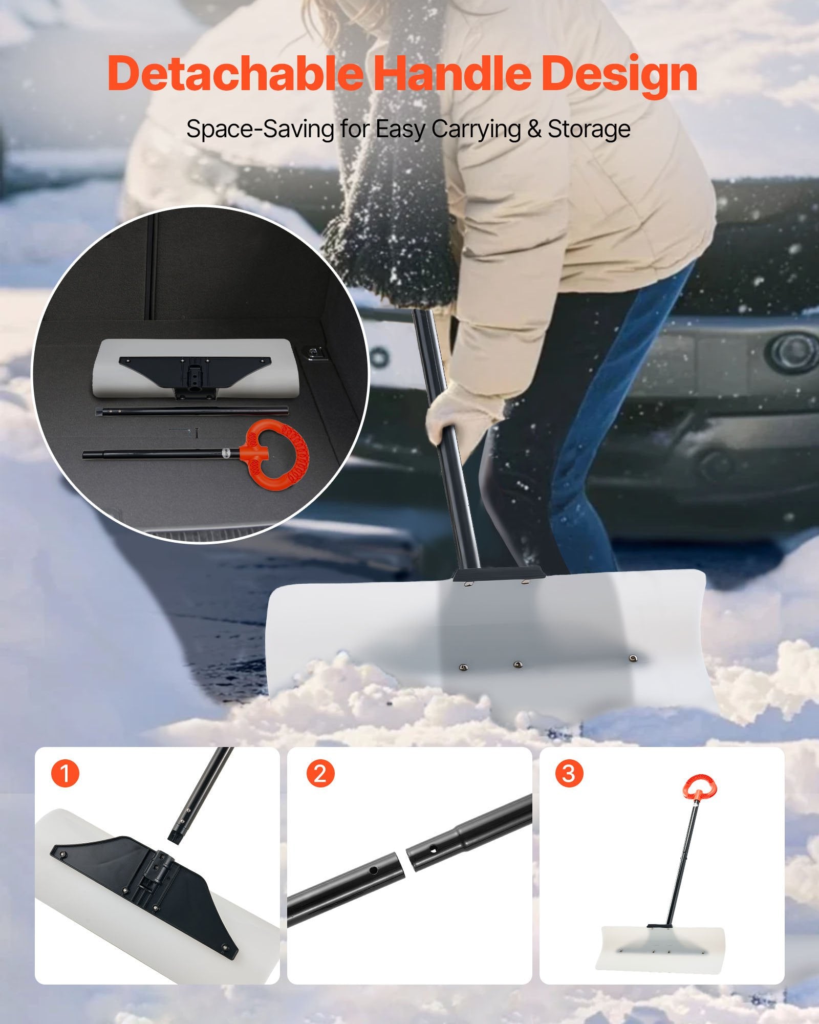 Snow Pusher Shovel, 61 cm Wide Outdoor Snowplow Shovel with Ergonomic Grip, HDPE Plastic Blade, Winter Shovels with Segmented Handle, Portable Snow Removal Tool for Driveway Garden Camping