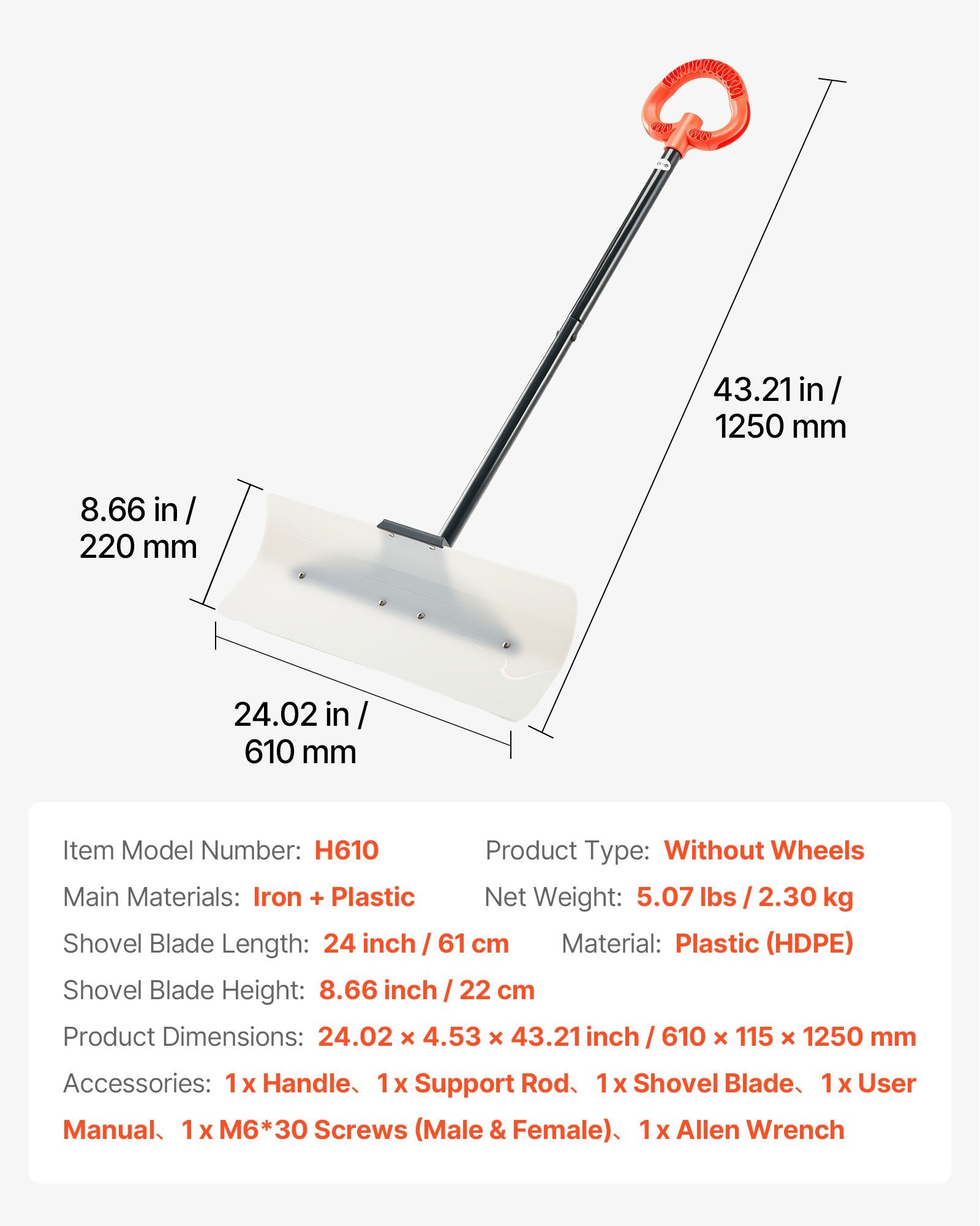 Snow Pusher Shovel, 61 cm Wide Outdoor Snowplow Shovel with Ergonomic Grip, HDPE Plastic Blade, Winter Shovels with Segmented Handle, Portable Snow Removal Tool for Driveway Garden Camping