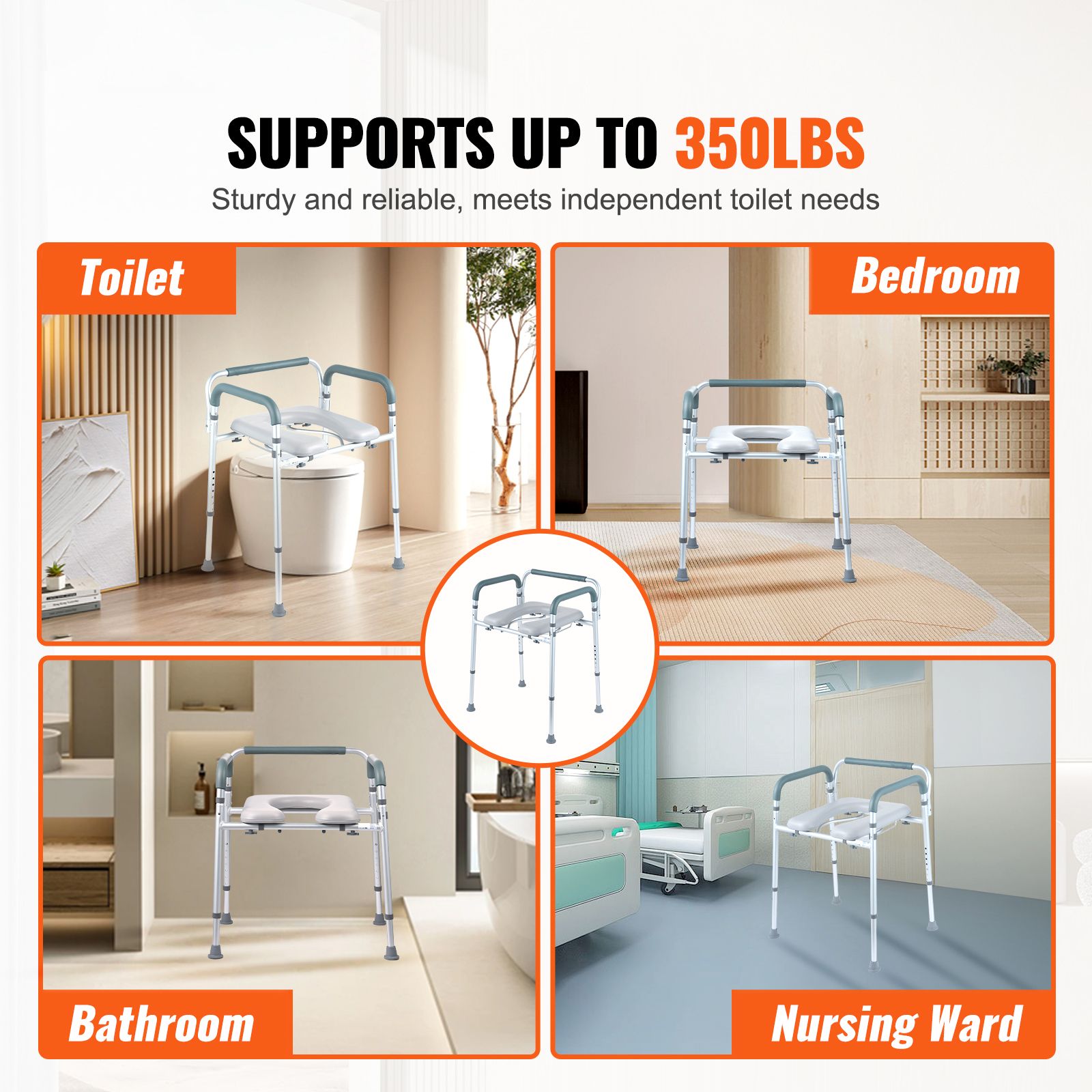 Commode Chair Bedside Toilet Seat 7 Height Adjustable 350lbs with Bucket