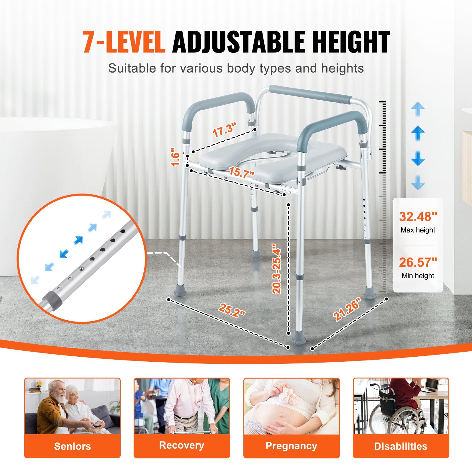 Commode Chair, Bedside Commode with Padded Seat and Arms, 7-Level Adjustable Height, 5.8L Removable Bucket, Easy to Assemble, 350 LBS Capacity, Raised Toilet Seat for Adults Seniors