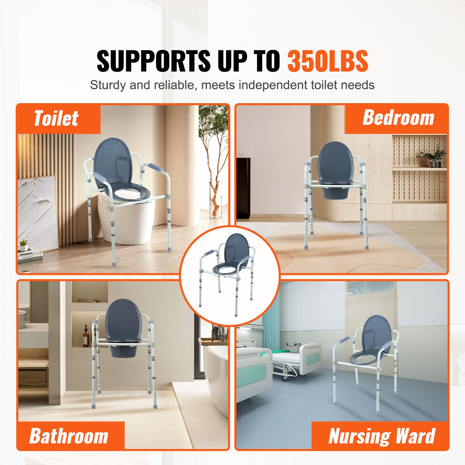 Commode Chair, Bedside Commode with Wider Toilet Seat, 7-Level Adjustable Height, 5.8L Removable Bucket, Easy to Assemble, 350 LBS Capacity, Raised Toilet Seat for Adults Seniors