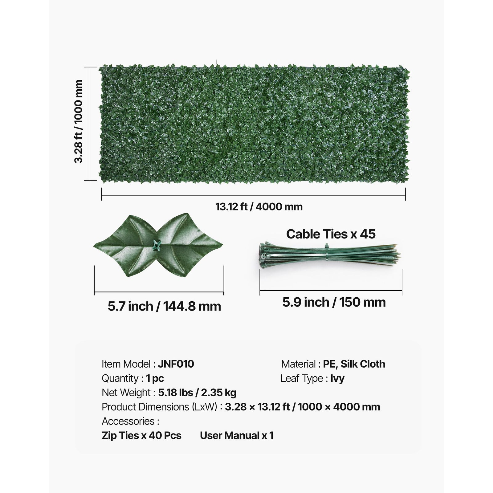 Artificial Ivy Privacy Fence 39x158in UV Resistant Green Wall Screen