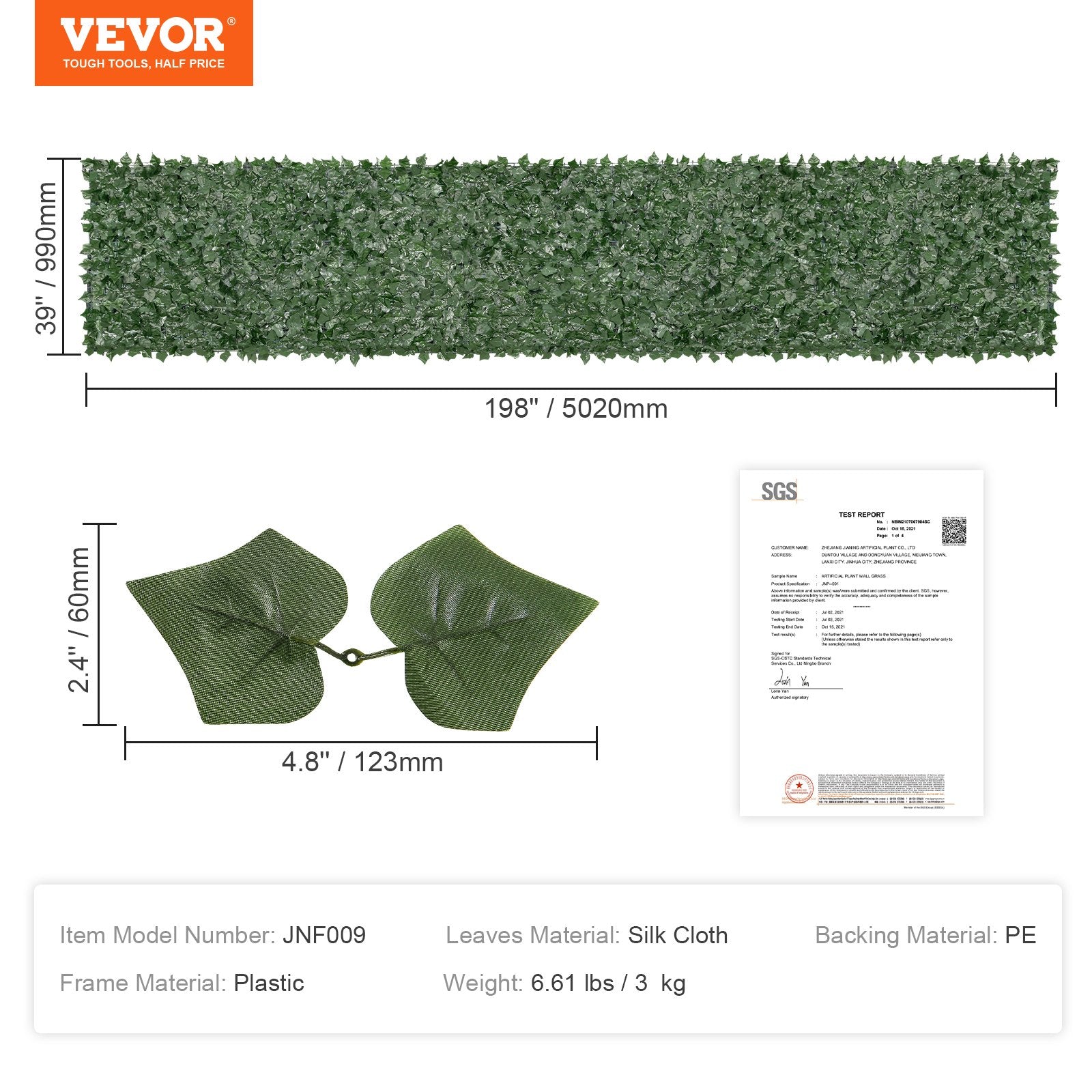 Ivy Privacy Fence, 39 x 198in Artificial Green Wall Screen, Greenery Ivy Fence with Mesh Cloth Backing and Strengthened Joint, Faux Hedges Vine Leaf Decoration for Outdoor Garden, Yard, Balcony