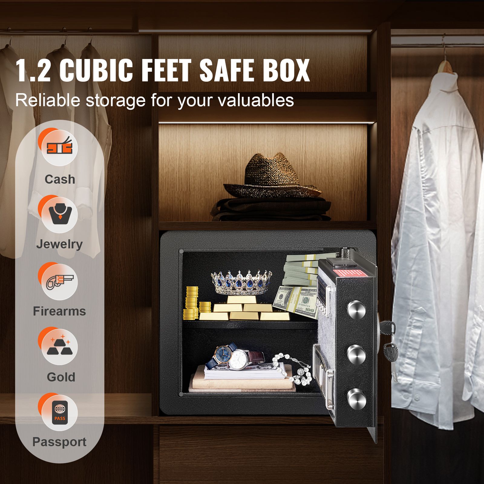 Safe 1.2 Cubic Feet Home Safe Steel for Cash Gold 15.8x11.8x13.8 inch