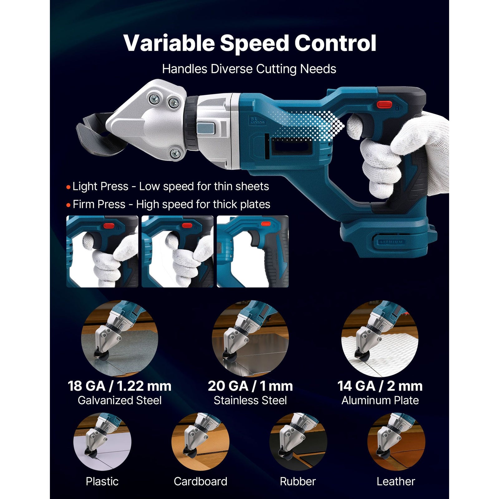Metal Shear, Sheet Metal Cutter Cordless with 360-Degree Pivoting Head, Double Blades, 25000 RPM Speed, Cuts 18 GA Galvanized Steel, 20 GA Stainless Steel, Aluminum Plate, Plastic, Cardboard