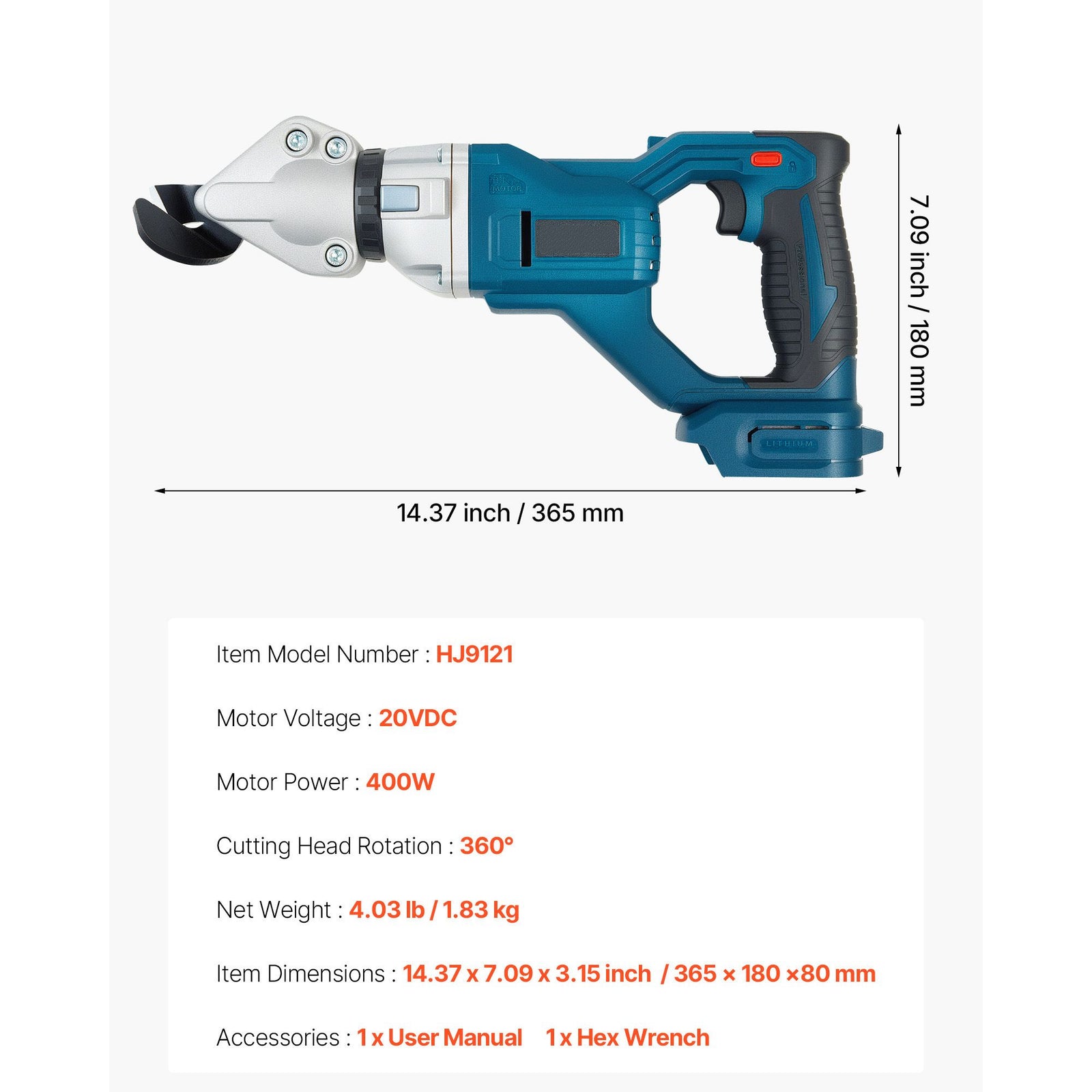 Metal Shear, Sheet Metal Cutter Cordless with 360-Degree Pivoting Head, Double Blades, 25000 RPM Speed, Cuts 18 GA Galvanized Steel, 20 GA Stainless Steel, Aluminum Plate, Plastic, Cardboard