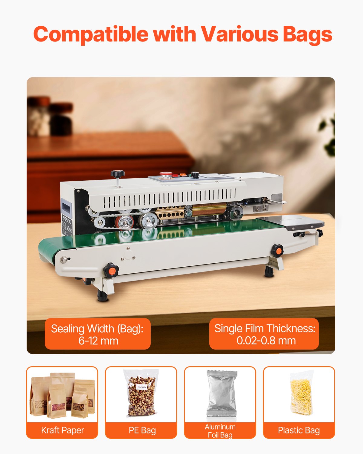 Continuous Bag Band Sealing Machine, 6-12 mm Seal Width, Horizontal Band Sealer Machine with Digital Temperature Control, Bag Sealer for 0.02-0.8 mm Plastic Bags Films with Inflation Function