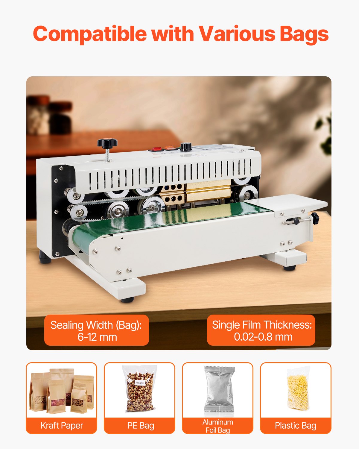 Continuous Bag Band Sealing Machine, 6-12 mm Seal Width, Horizontal Band Sealer Machine with Digital Temperature Control, Carbon Steel Bag Sealer for 0.02-0.8 mm Plastic Bags Films Membrane