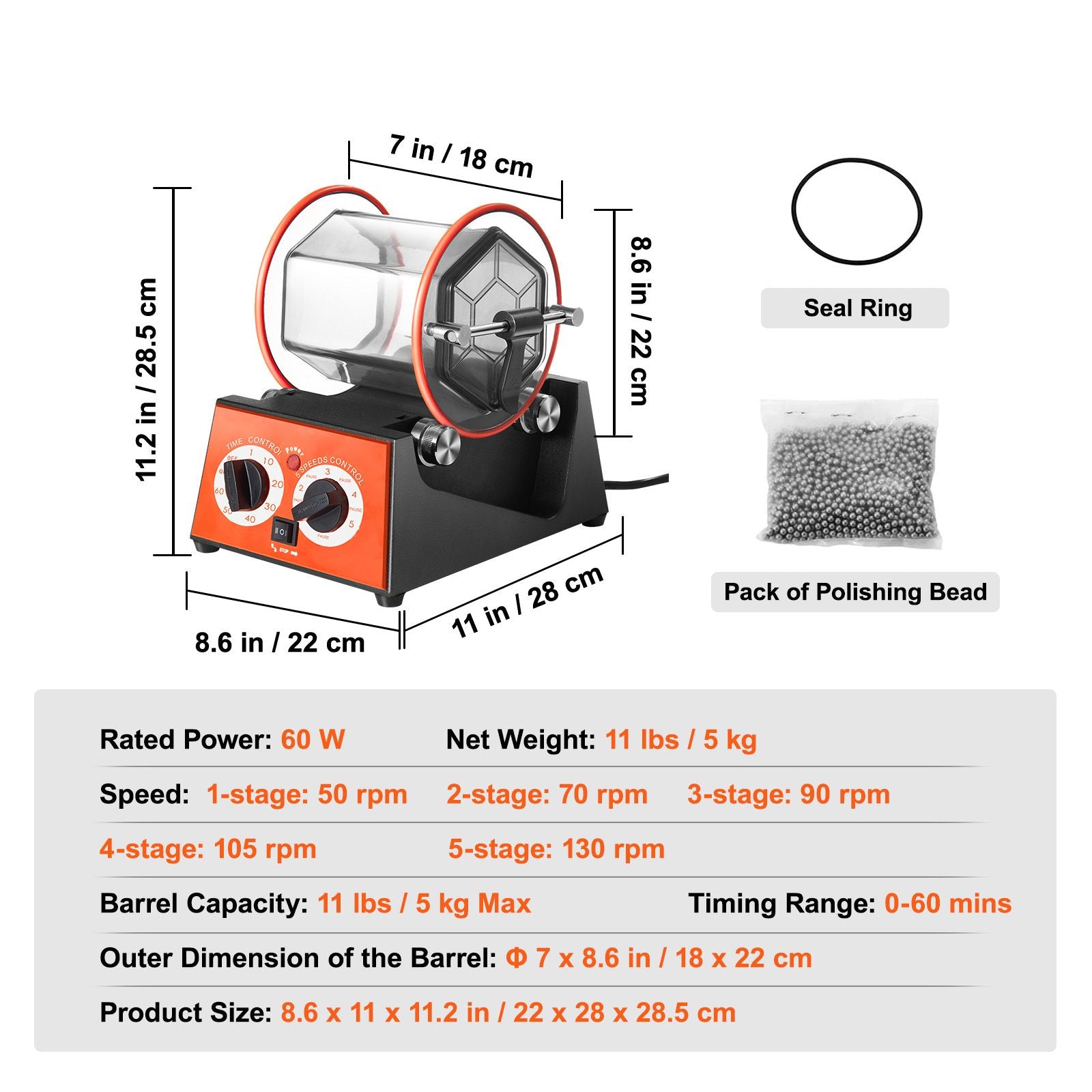5kg Jewelry Polishing Tumbler Rotary Finisher Machine Timer Speed Control