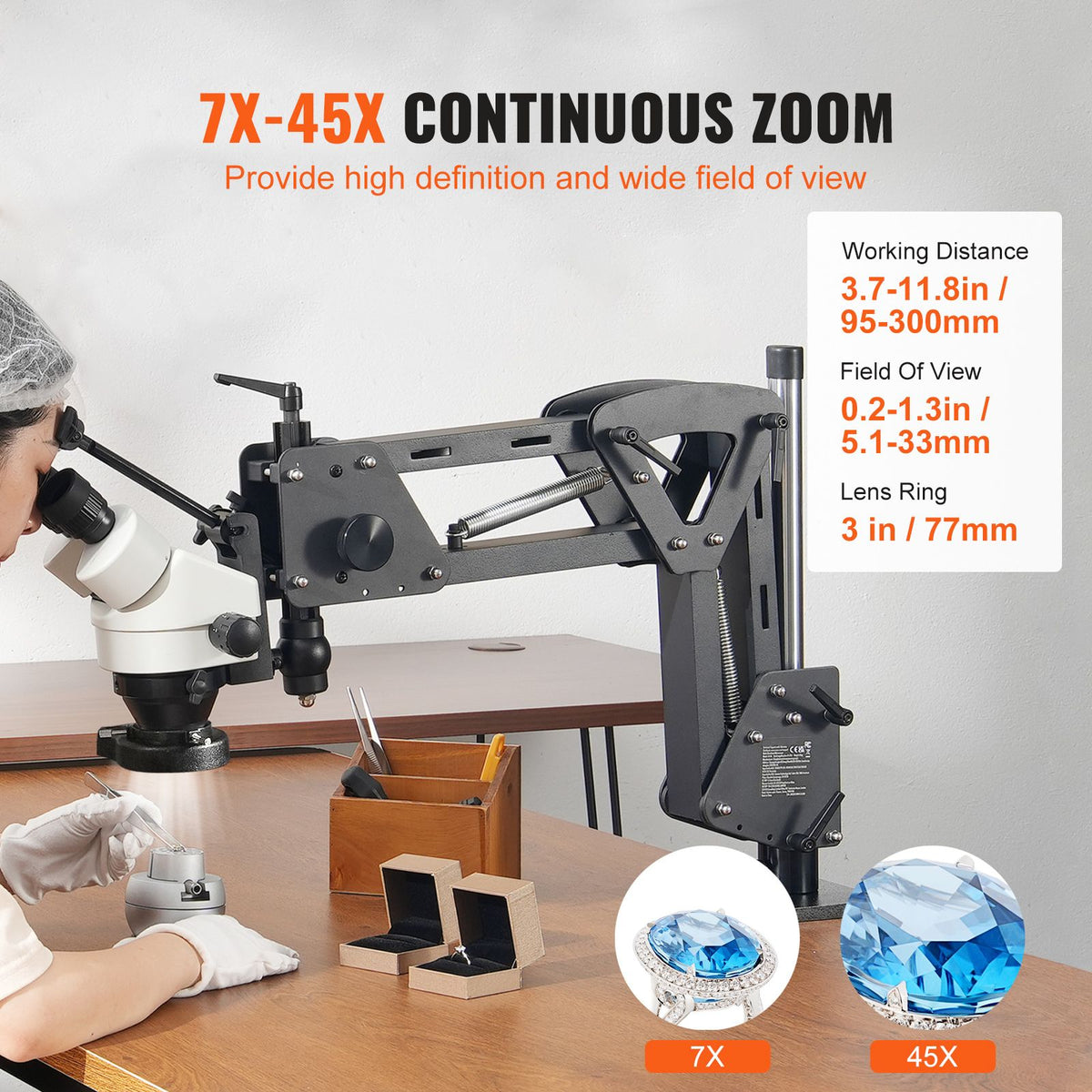 7X-45X Jewelry Microscope with 360° Ball Vise USB LED Ring Light Stand