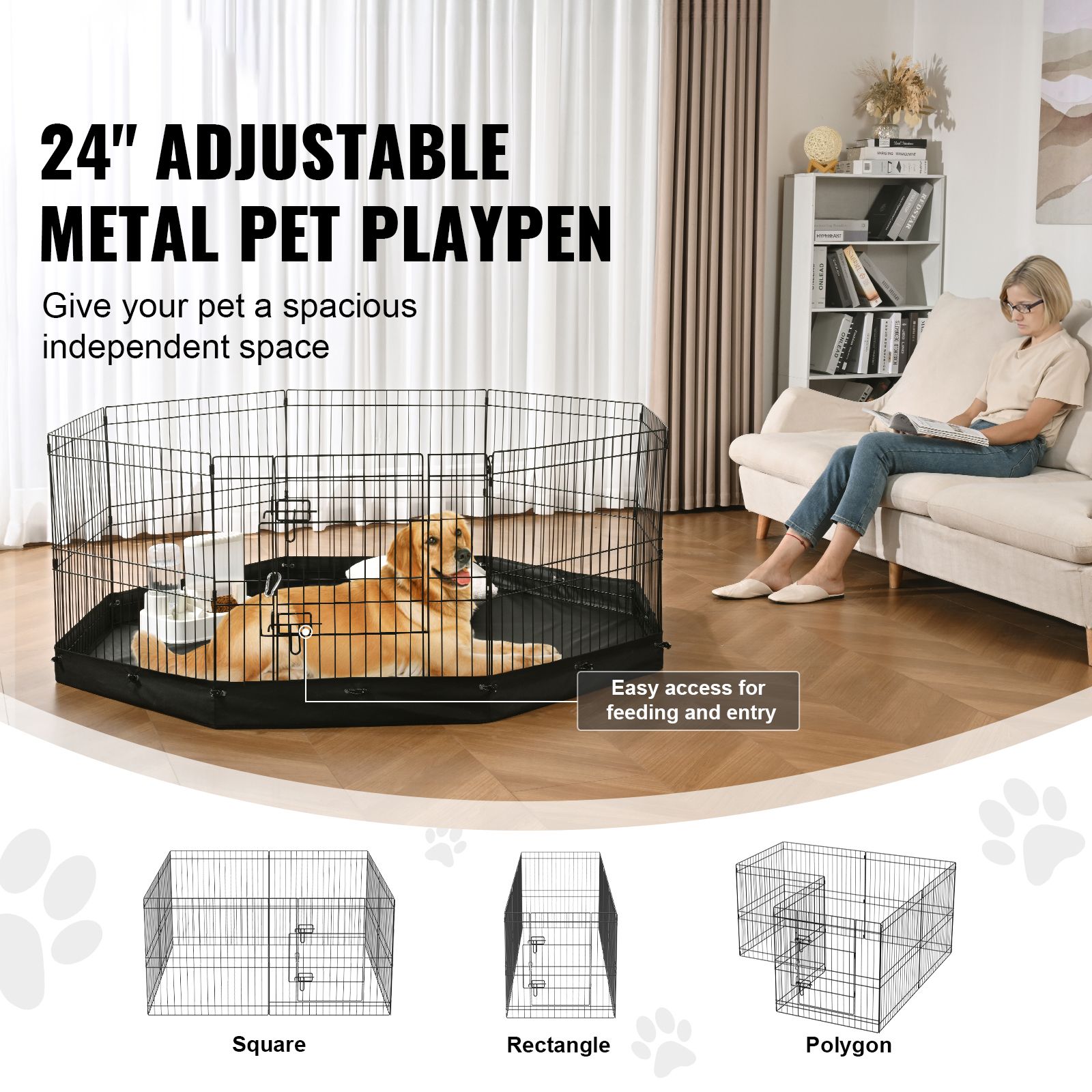 Dog Playpen, 8 Panels Foldable Metal Dog Exercise Pen with Bottom Pad, 24