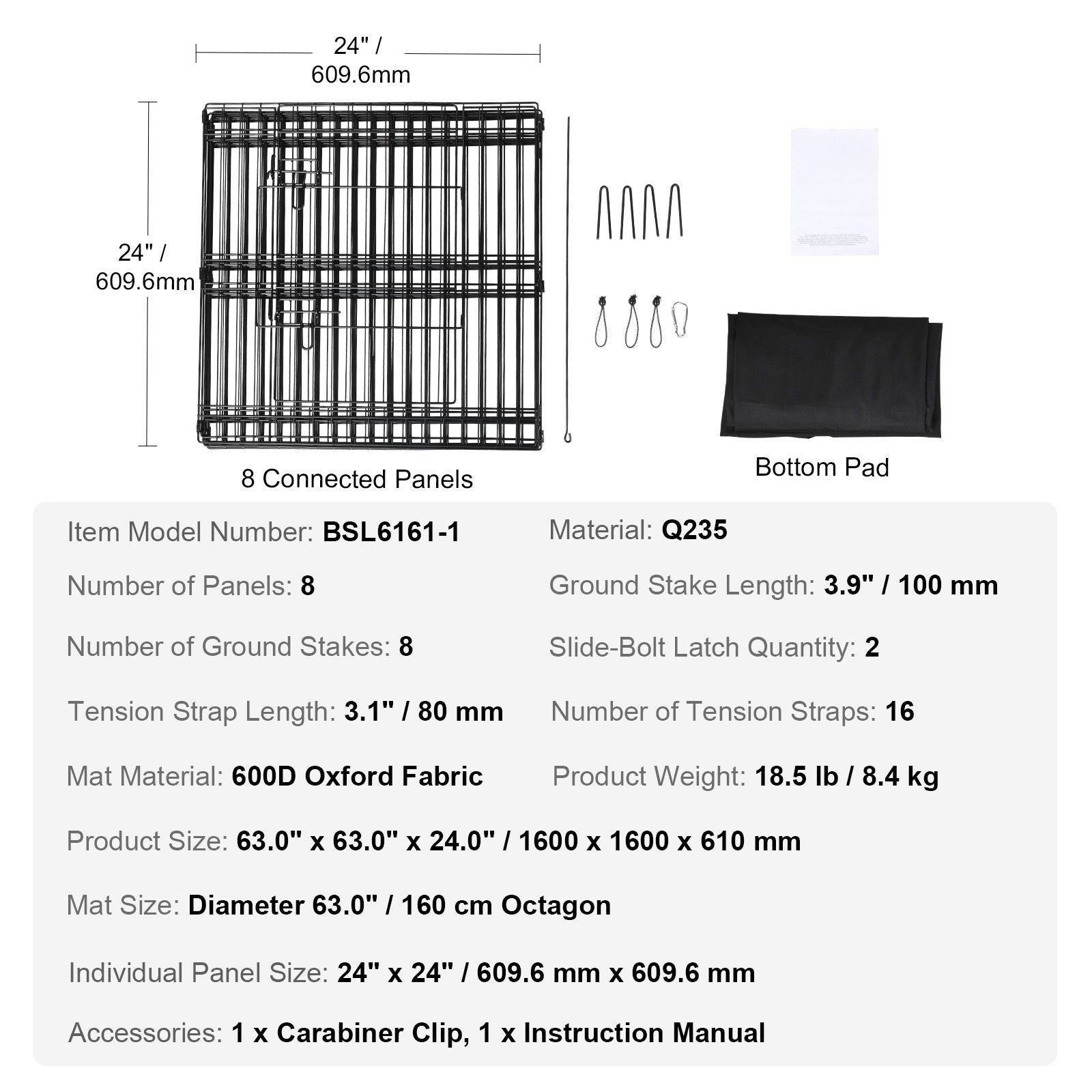 Dog Playpen, 8 Panels Foldable Metal Dog Exercise Pen with Bottom Pad, 24