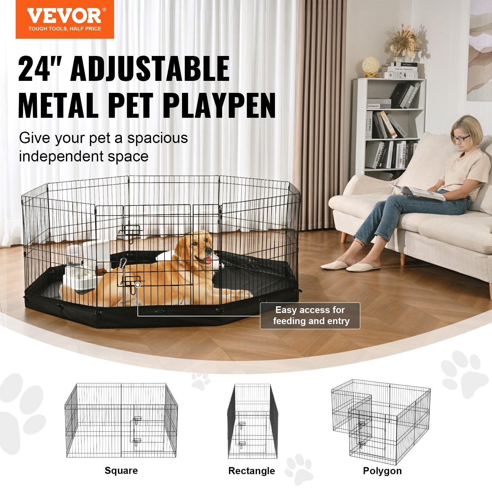 Dog Playpen, 8 Panels Foldable Metal Dog Exercise Pen with Bottom Pad, 24