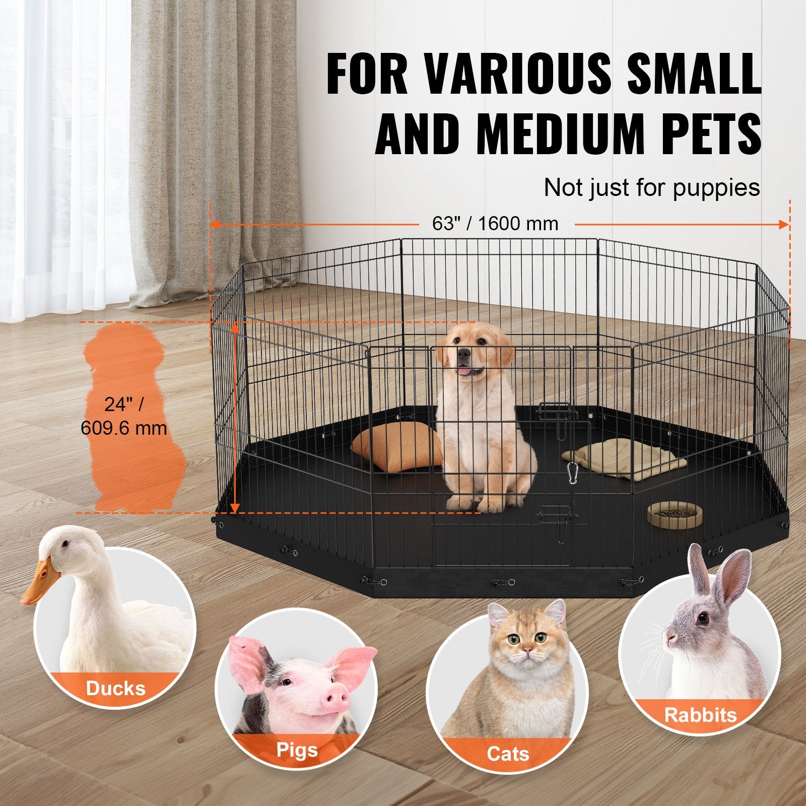 Dog Playpen, 8 Panels Foldable Metal Dog Exercise Pen with Bottom Pad, 24