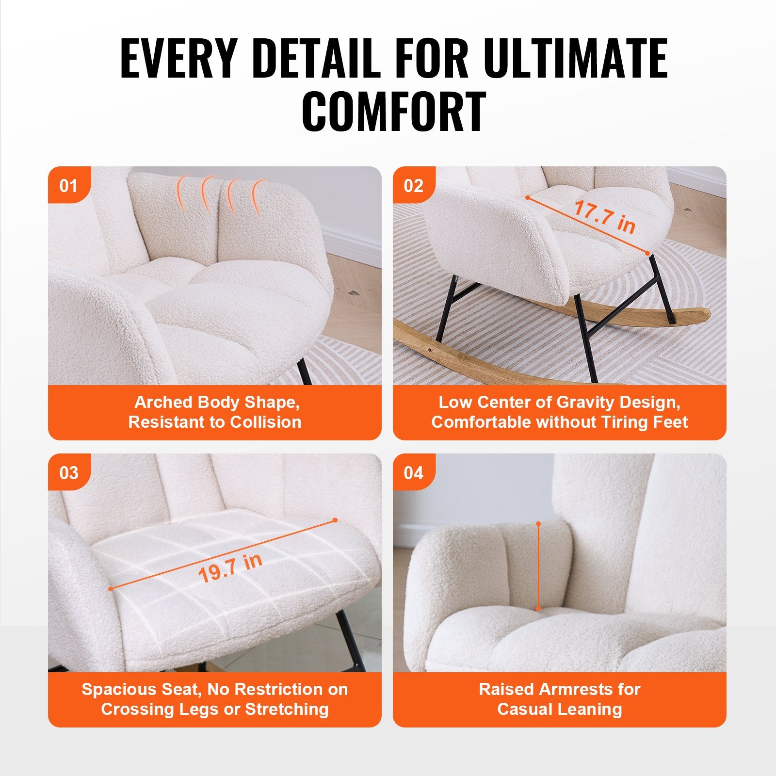 Nursery Rocking Chair, 250 lbs Weight Capacity Teddy Fabric Upholstered Glider Rocker Chair with Soft Seat and High Backrest, Nursing Chair for Nursery, Bedroom, Living Room, Ivory White