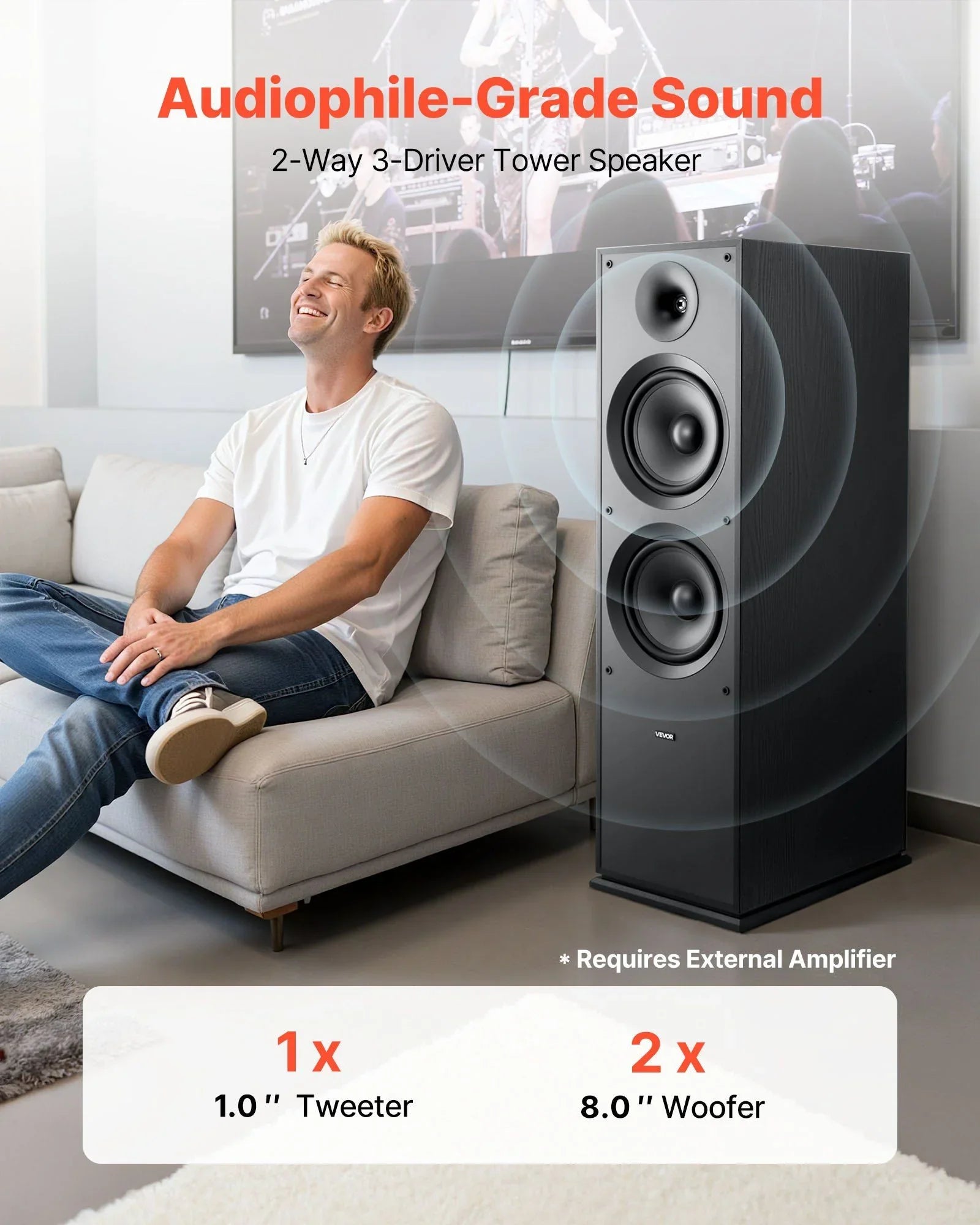 Floorstanding Speaker, 2-Way, Floor-Standing Tower Speaker with 25.4 mm Tweeter, Dual 203.2 mm Woofers, 600W Peak, 50Hz–20kHz Frequency Response, Durable MDF Enclosure, for Home Audio, Single