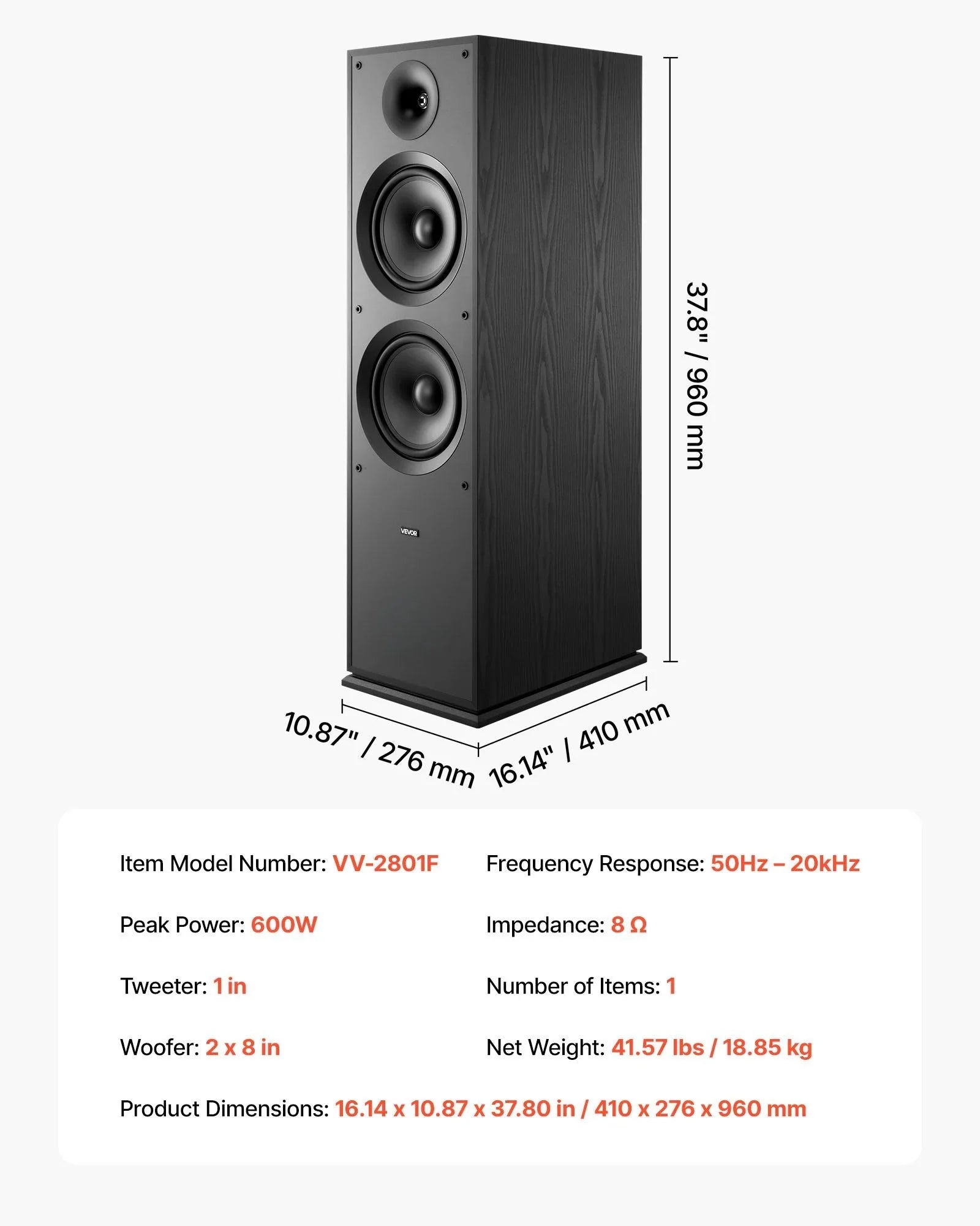 Floorstanding Speaker, 2-Way, Floor-Standing Tower Speaker with 25.4 mm Tweeter, Dual 203.2 mm Woofers, 600W Peak, 50Hz–20kHz Frequency Response, Durable MDF Enclosure, for Home Audio, Single