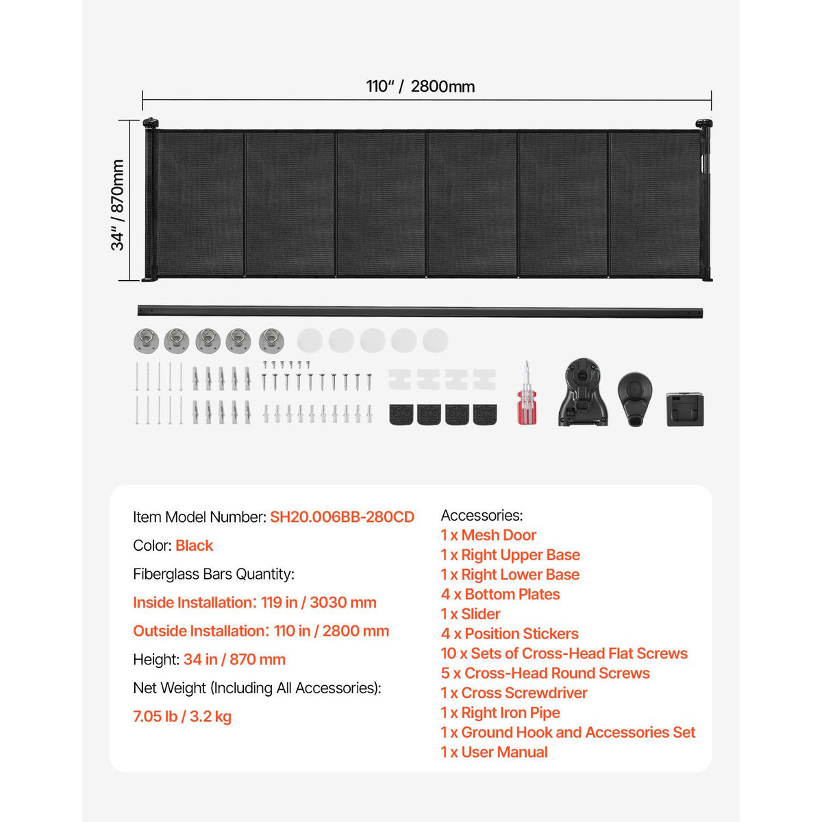 Retractable Baby Gate 870mm Tall Extra Wide Mesh Safety Gate 2800mm