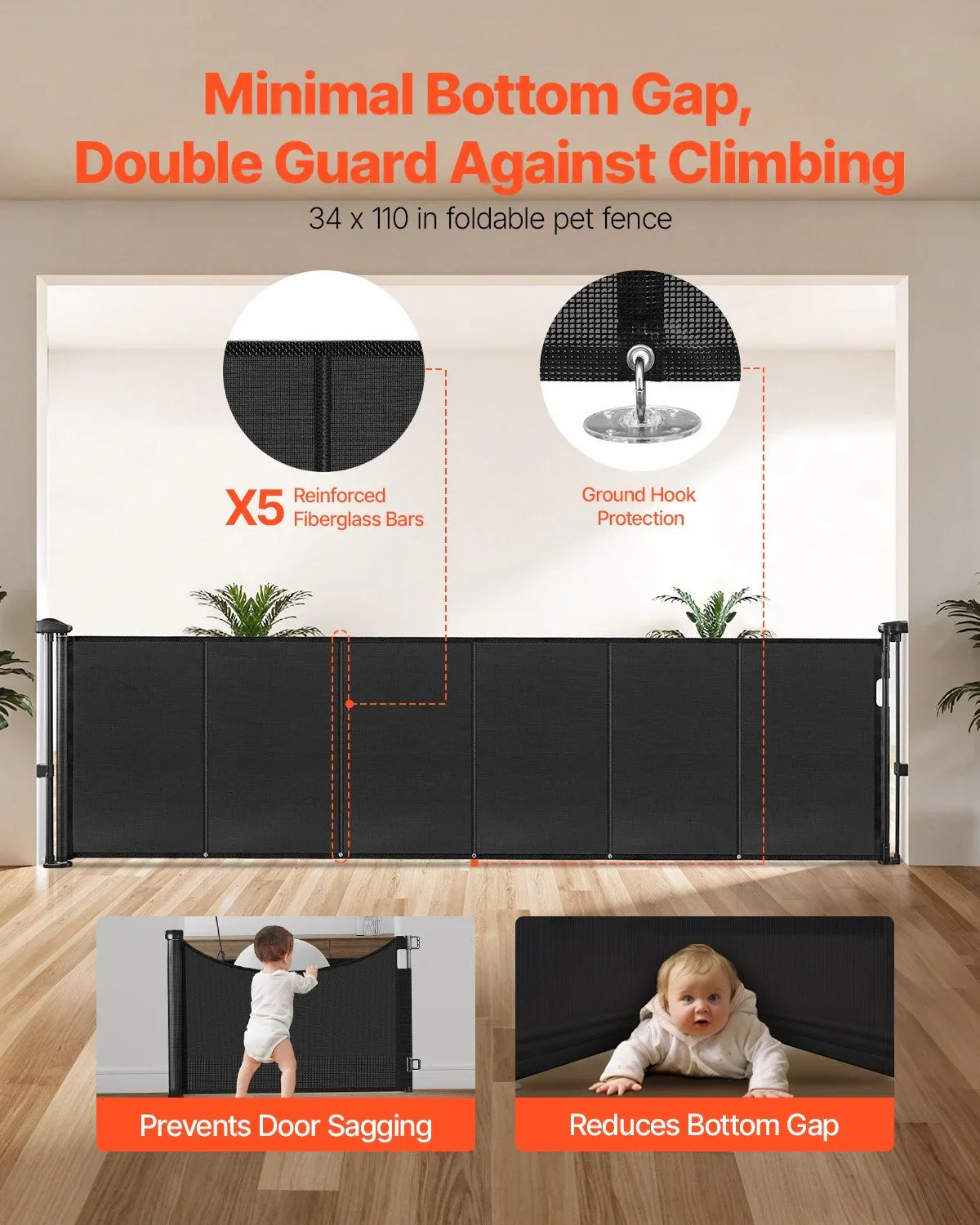 Retractable Baby Gate, 870 mm Tall, Extends up to 2800 mm Wide, Retractable Gate for Kids or Pets, Mesh Material, Easy to Install for Indoor Stairs, Doorways, Hallways, Playrooms, Black