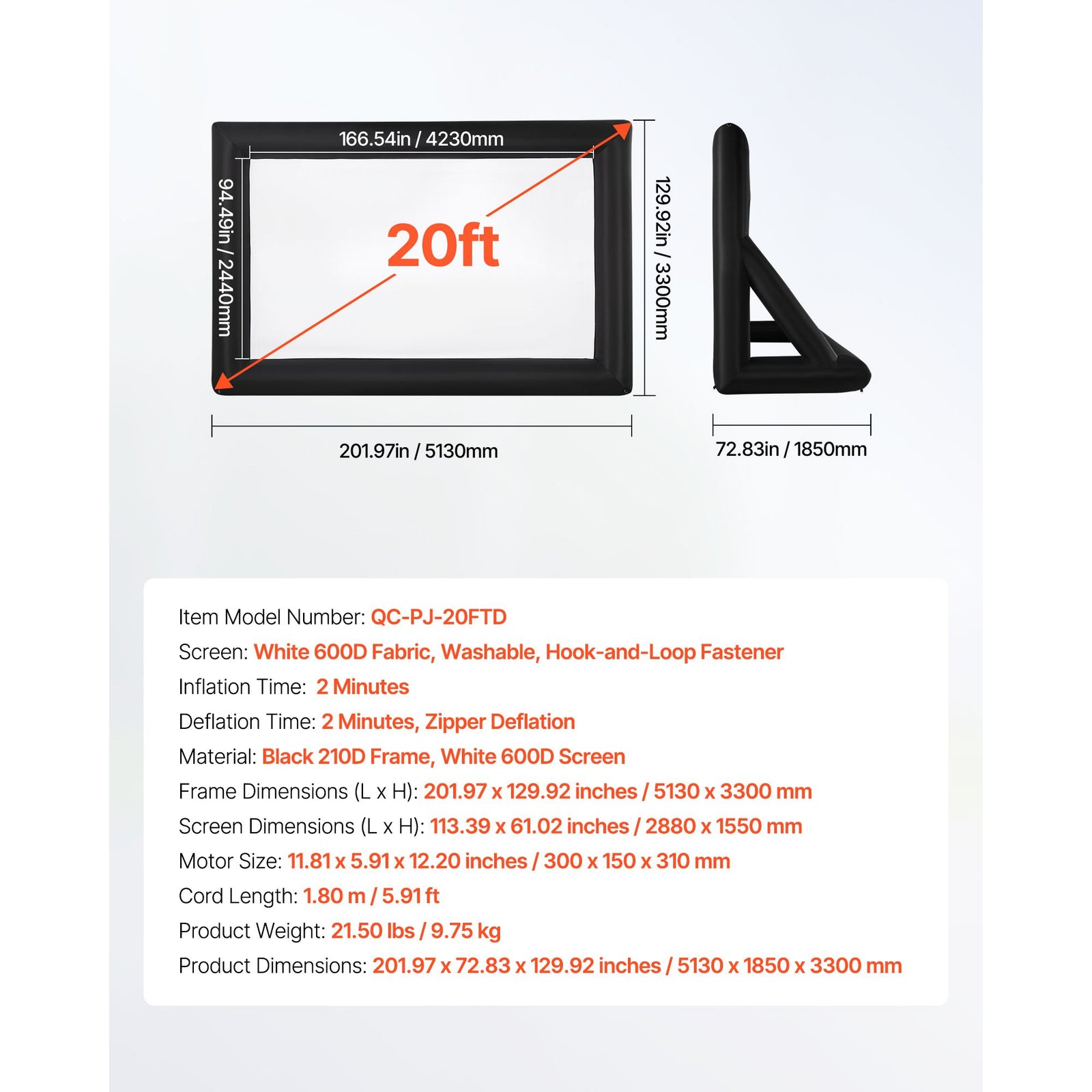 20 ft Inflatable Movie Screen 16:9 600D Movie Projector with Portable Bag