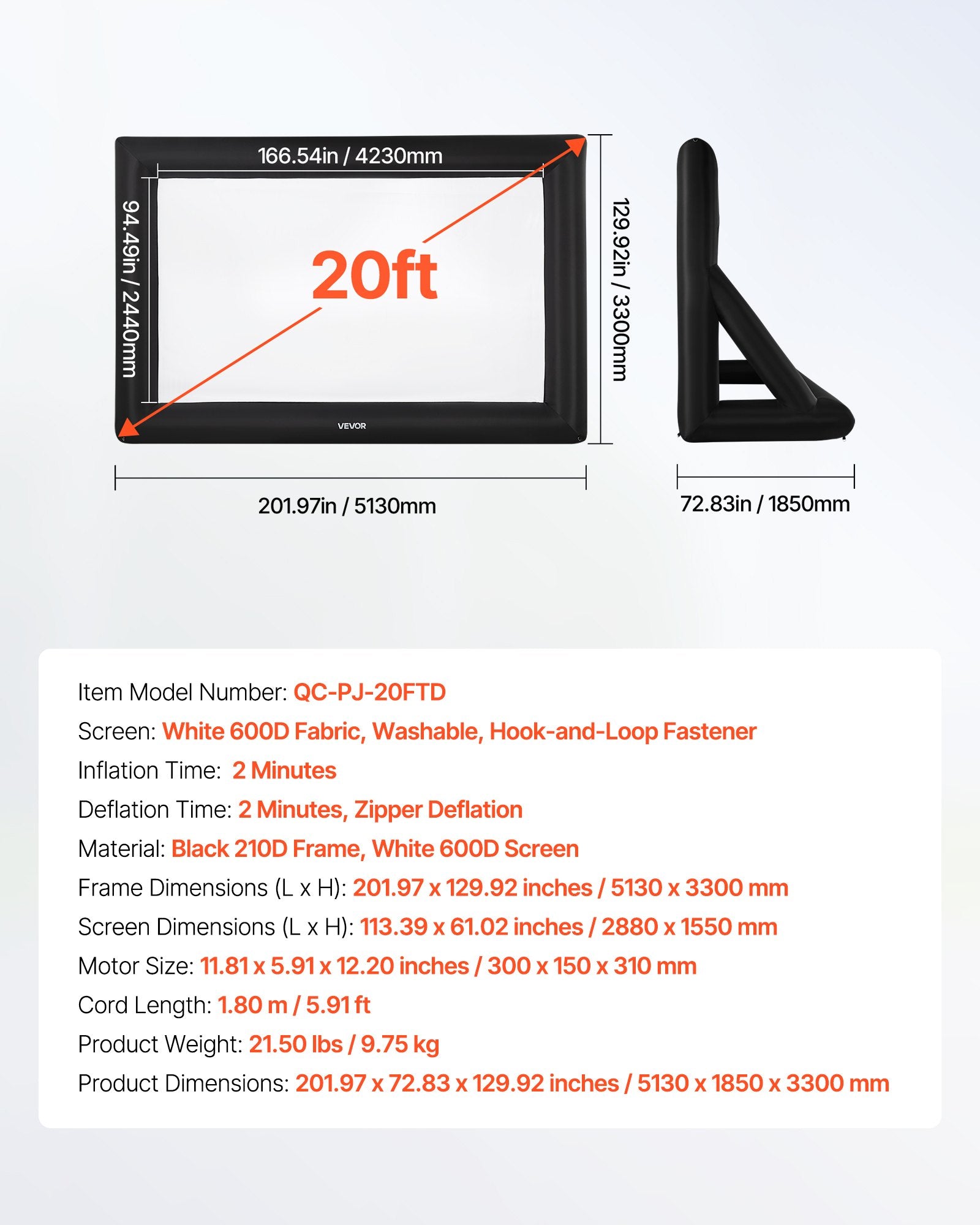 20 ft Inflatable Movie Screen 16:9 600D Movie Projector with Portable Bag