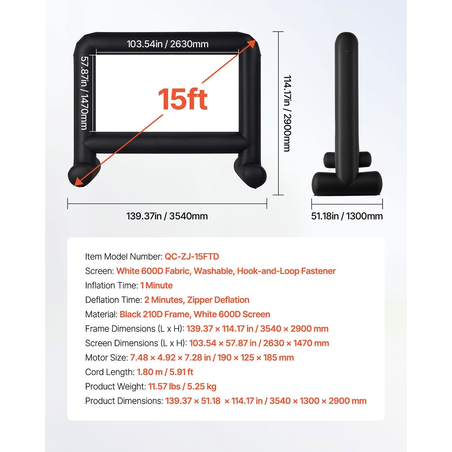 15 ft Inflatable Movie Screen 16:9 600D Movie Projector with Portable Bag