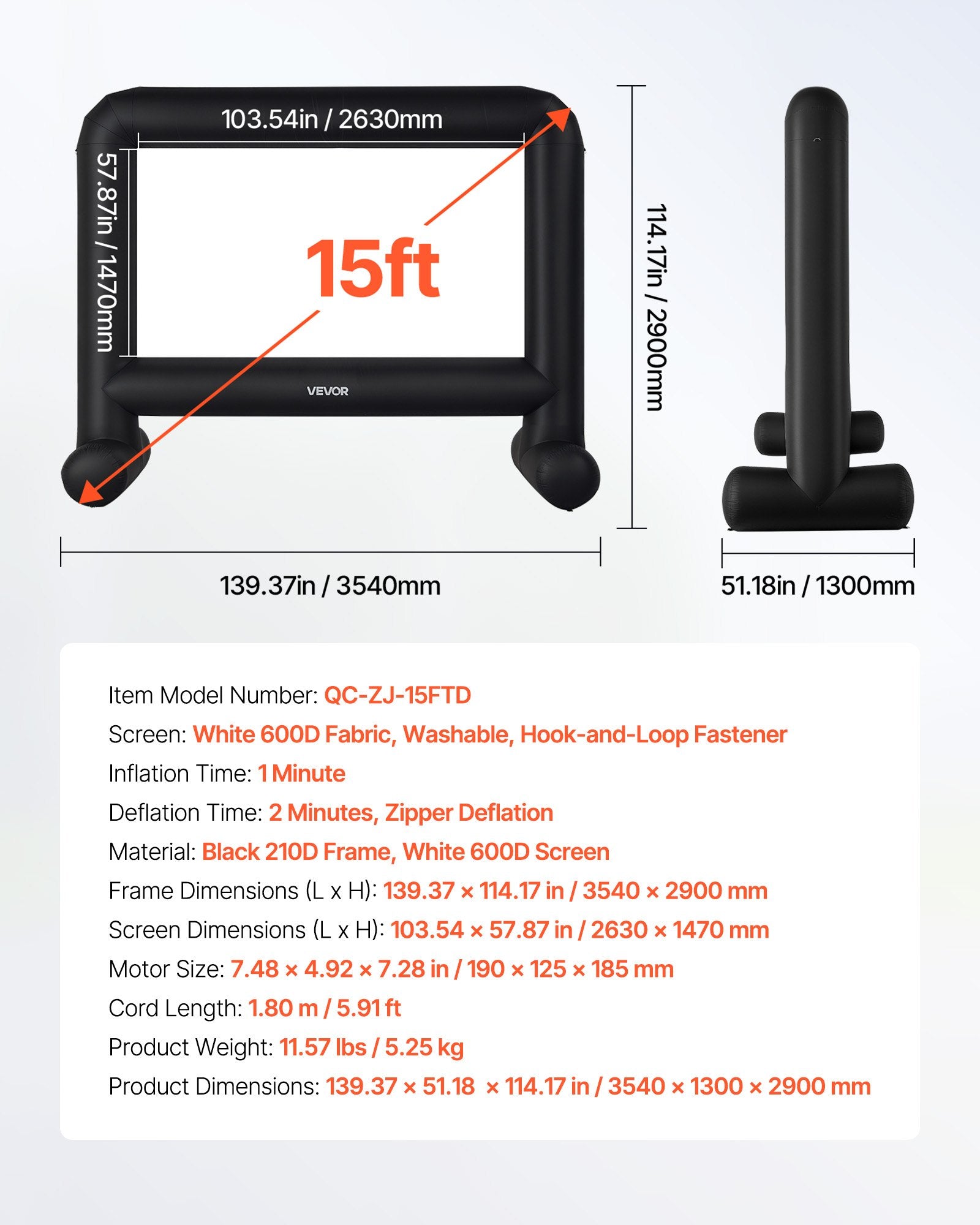 15 ft Inflatable Movie Screen 16:9 600D Movie Projector with Portable Bag