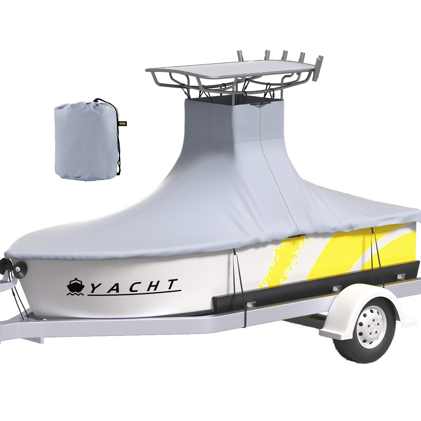 T-Top Boat Cover, Fit for 22\'-24\' Boat, Heavy Duty 600D Marine Grade Oxford Hard Top Cover, UV Resistant Waterproof Center Console Boat Cover with 2 Support Poles and 7 Wind-Proof Straps, Gray