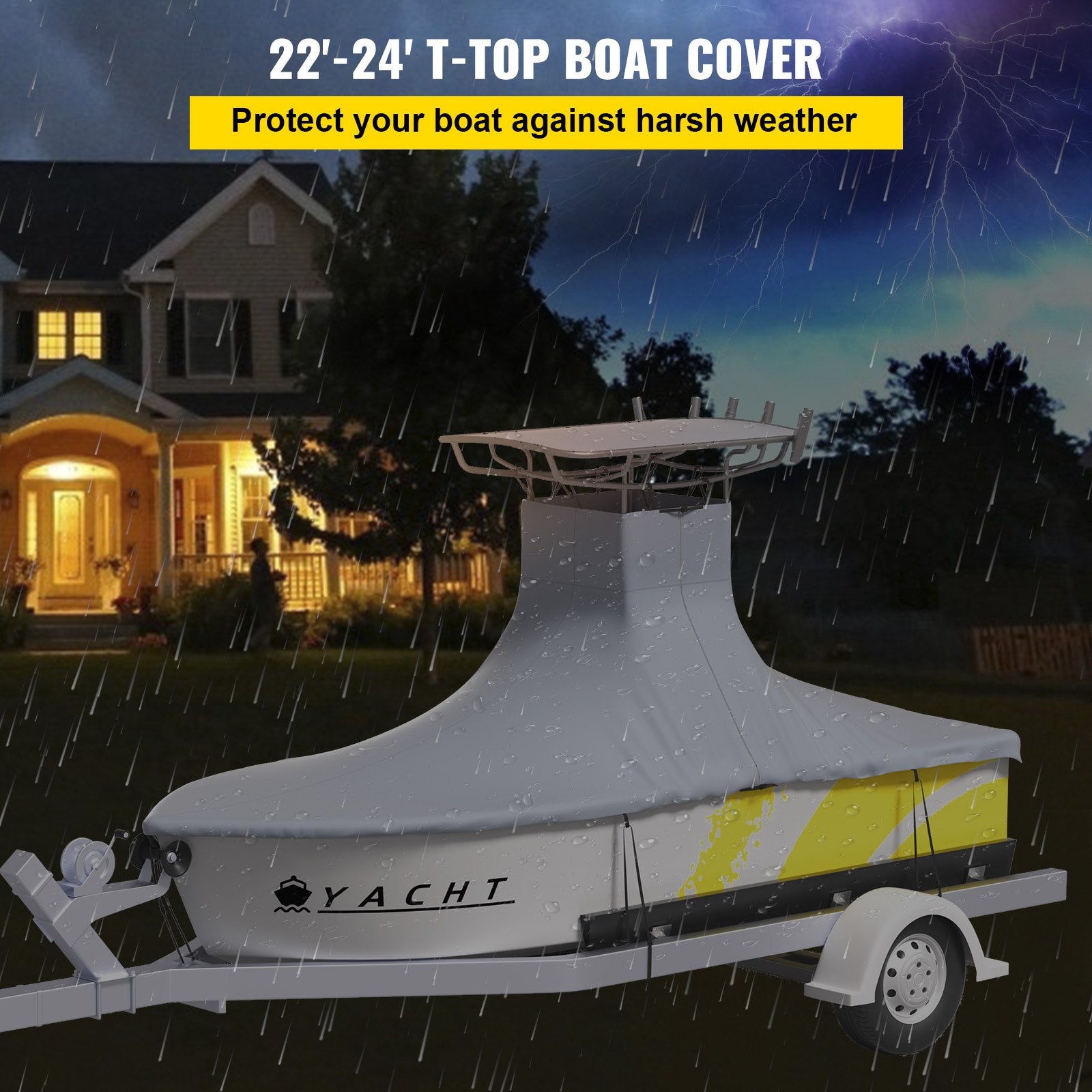 T-Top Boat Cover, Fit for 22\'-24\' Boat, Heavy Duty 600D Marine Grade Oxford Hard Top Cover, UV Resistant Waterproof Center Console Boat Cover with 2 Support Poles and 7 Wind-Proof Straps, Gray